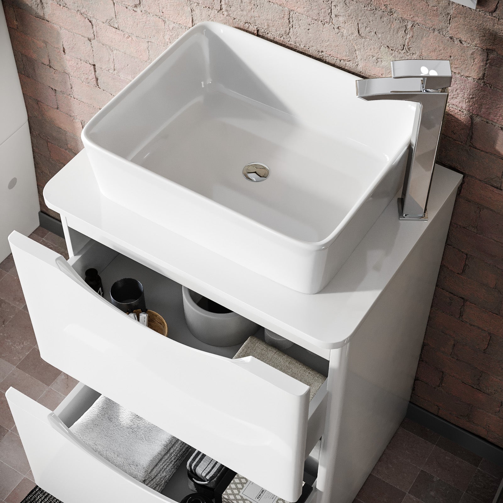 Merton White 600mm Bathroom Freestanding Vanity Unit With Square Ceramic Countertop 485mm Basin