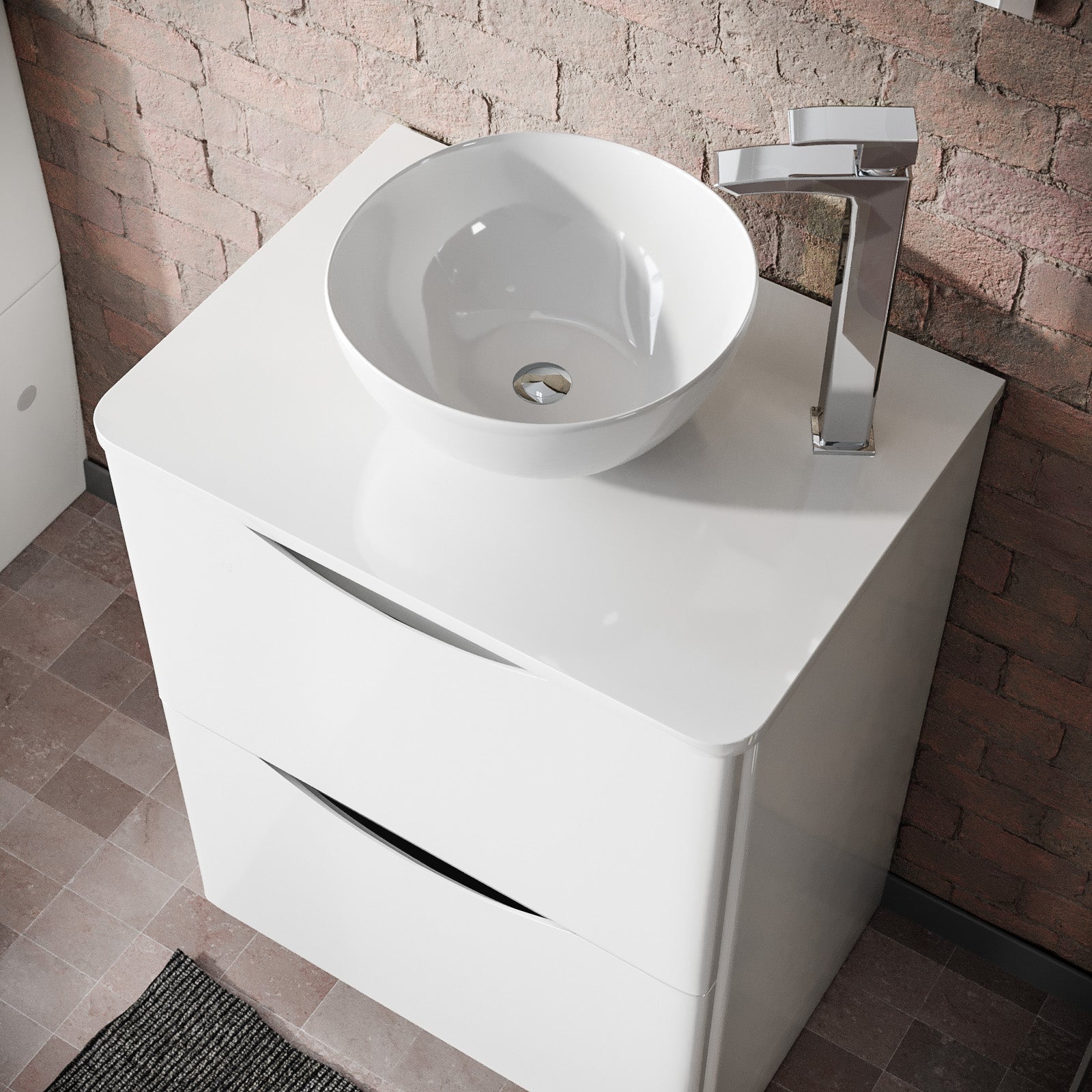 Merton White 600mm Bathroom Freestanding Vanity Unit With Round Ceramic Countertop 320mm Basin