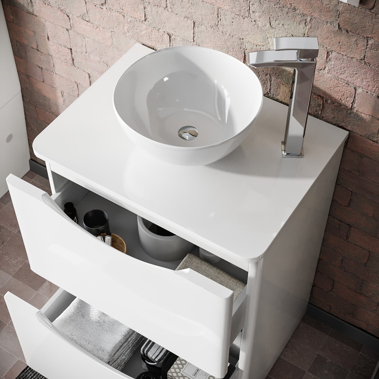 Merton White 600mm Bathroom Freestanding Vanity Unit With Round Ceramic Countertop 320mm Basin