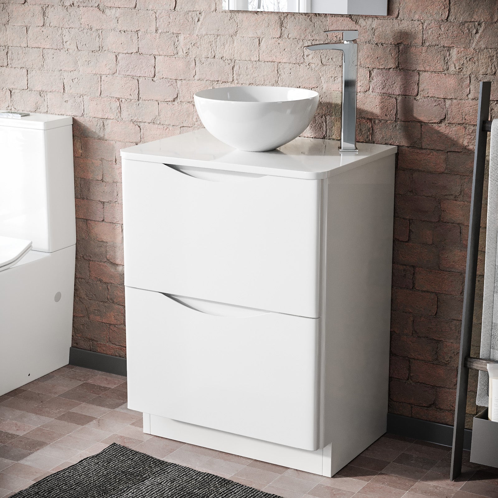 Merton White 600mm Bathroom Freestanding Vanity Unit With Round Ceramic Countertop 320mm Basin