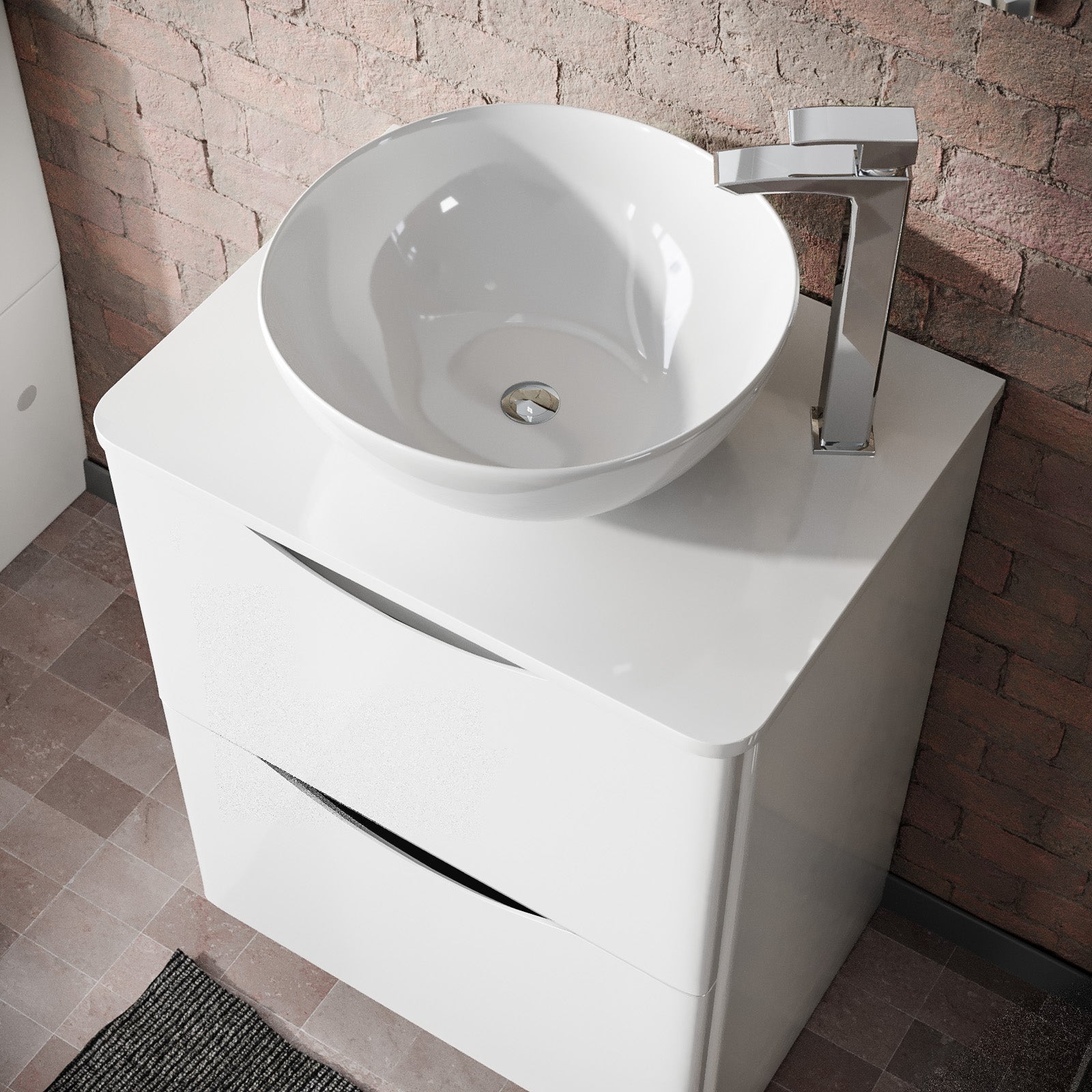 Merton White 600mm Bathroom Freestanding Vanity Unit With Round Ceramic Countertop 420mm Basin
