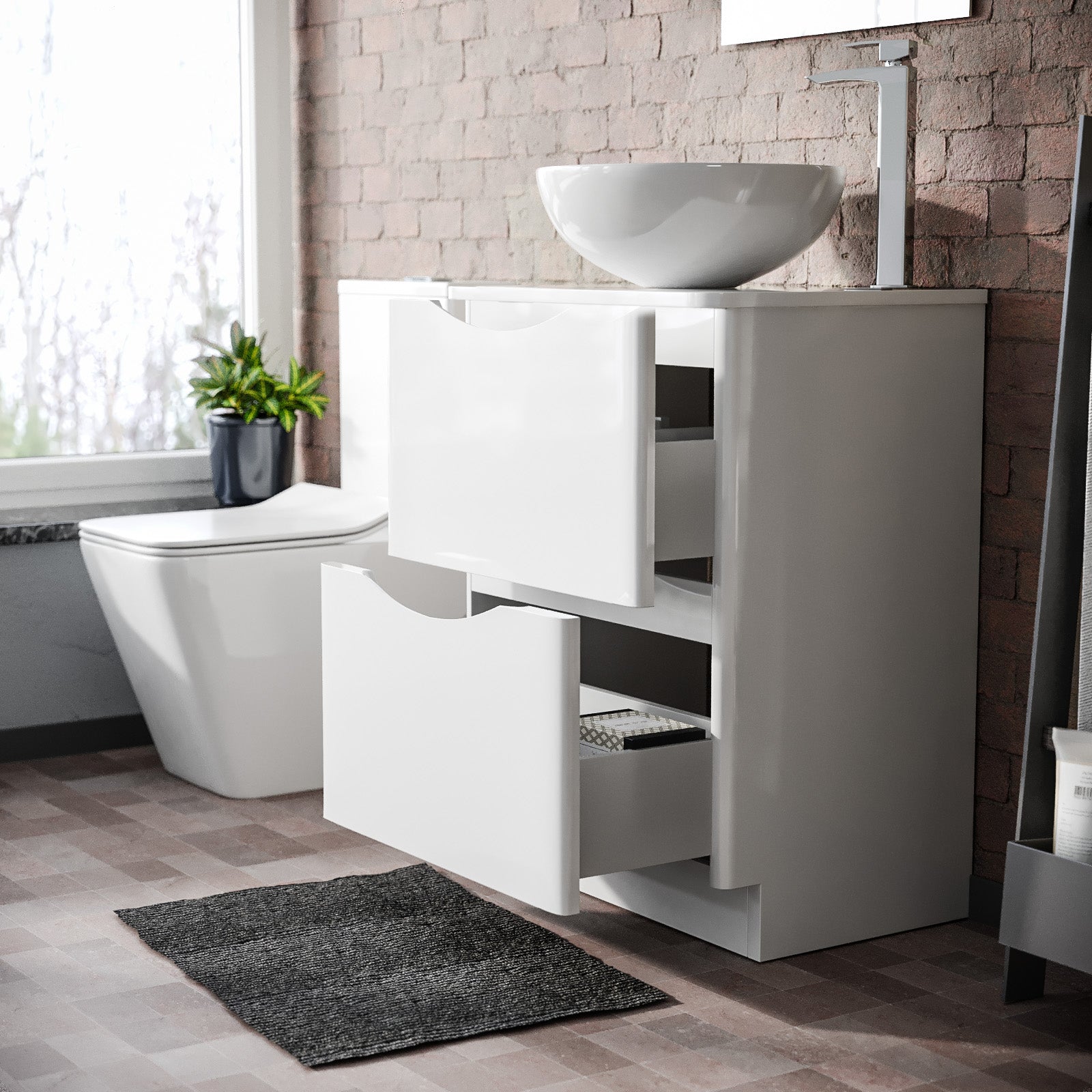 Merton White 600mm Bathroom Freestanding Vanity Unit With Round Ceramic Countertop 420mm Basin