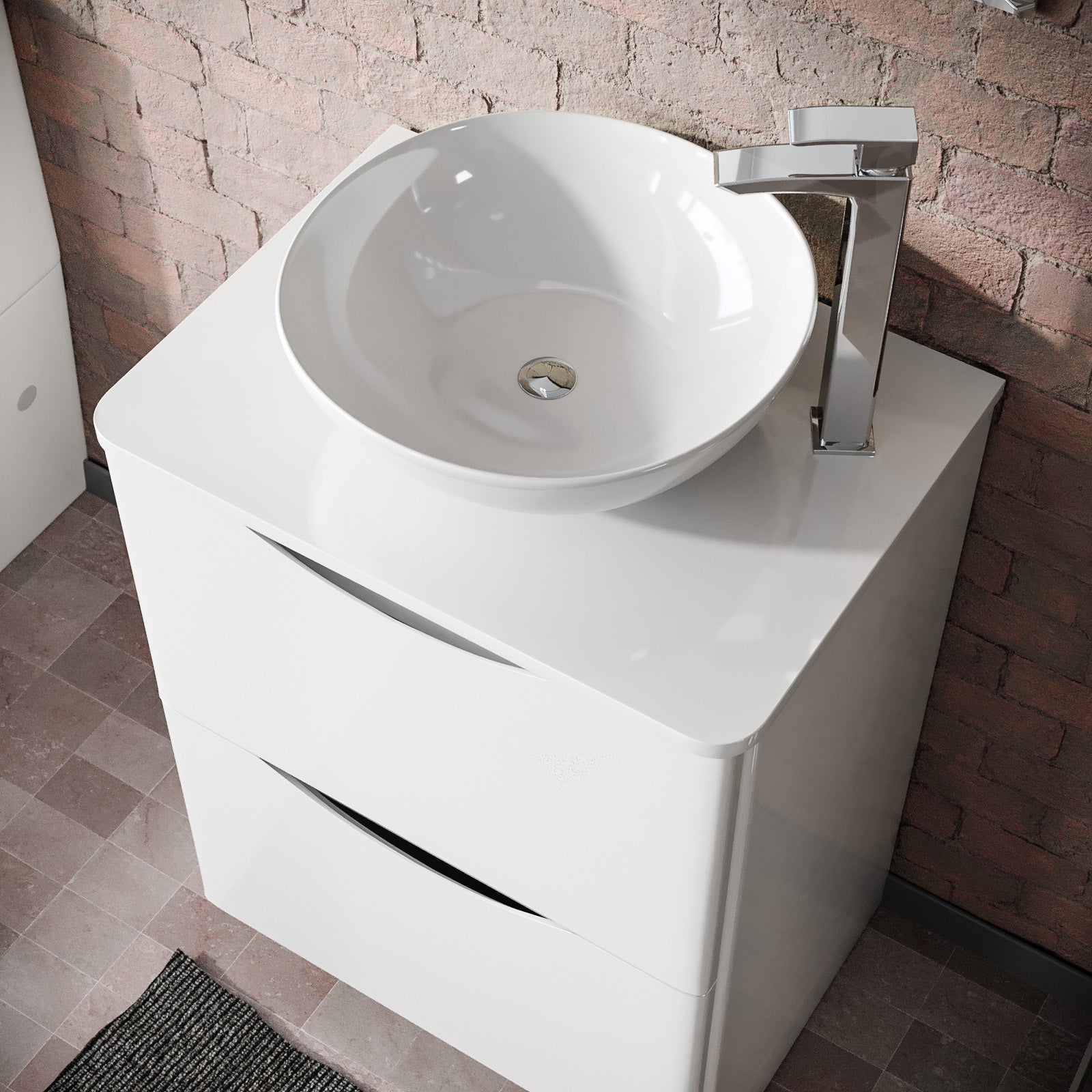 Merton White 600mm Bathroom Freestanding Vanity Unit With Round Ceramic Countertop 410mm Basin