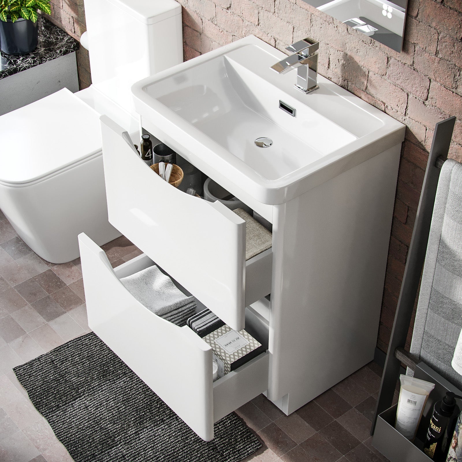 Merton 600mm Freestanding Vanity Basin Unit & Square Rimless Close Coupled Toilet White