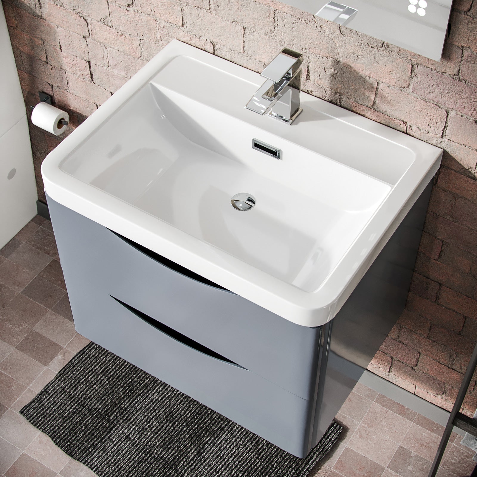 Merton Grey 600mm Wall Hung Vanity Basin Unit & Square Rimless Close Coupled Toilet