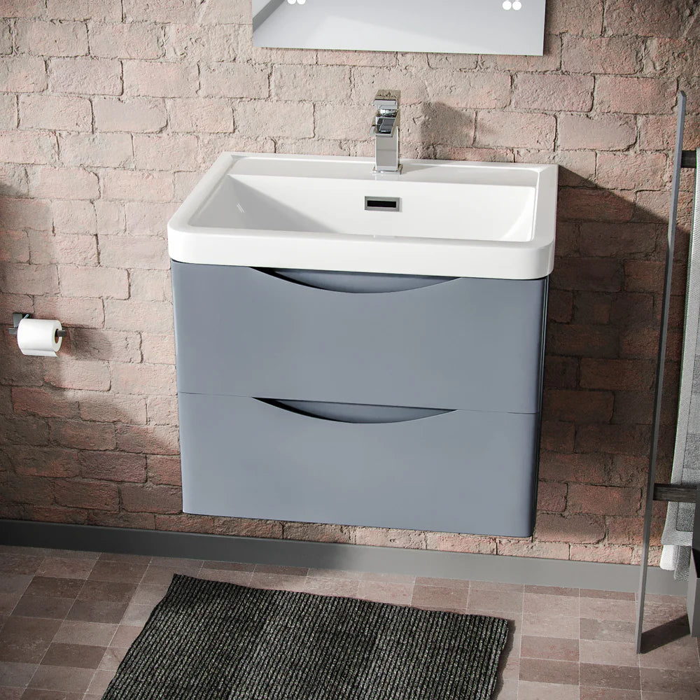 Merton Grey 600mm Wall Hung Vanity Basin Unit & Square Rimless Close Coupled Toilet