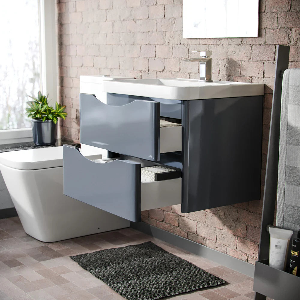Merton Grey 600mm Wall Hung Vanity Basin Unit & Square Rimless Close Coupled Toilet