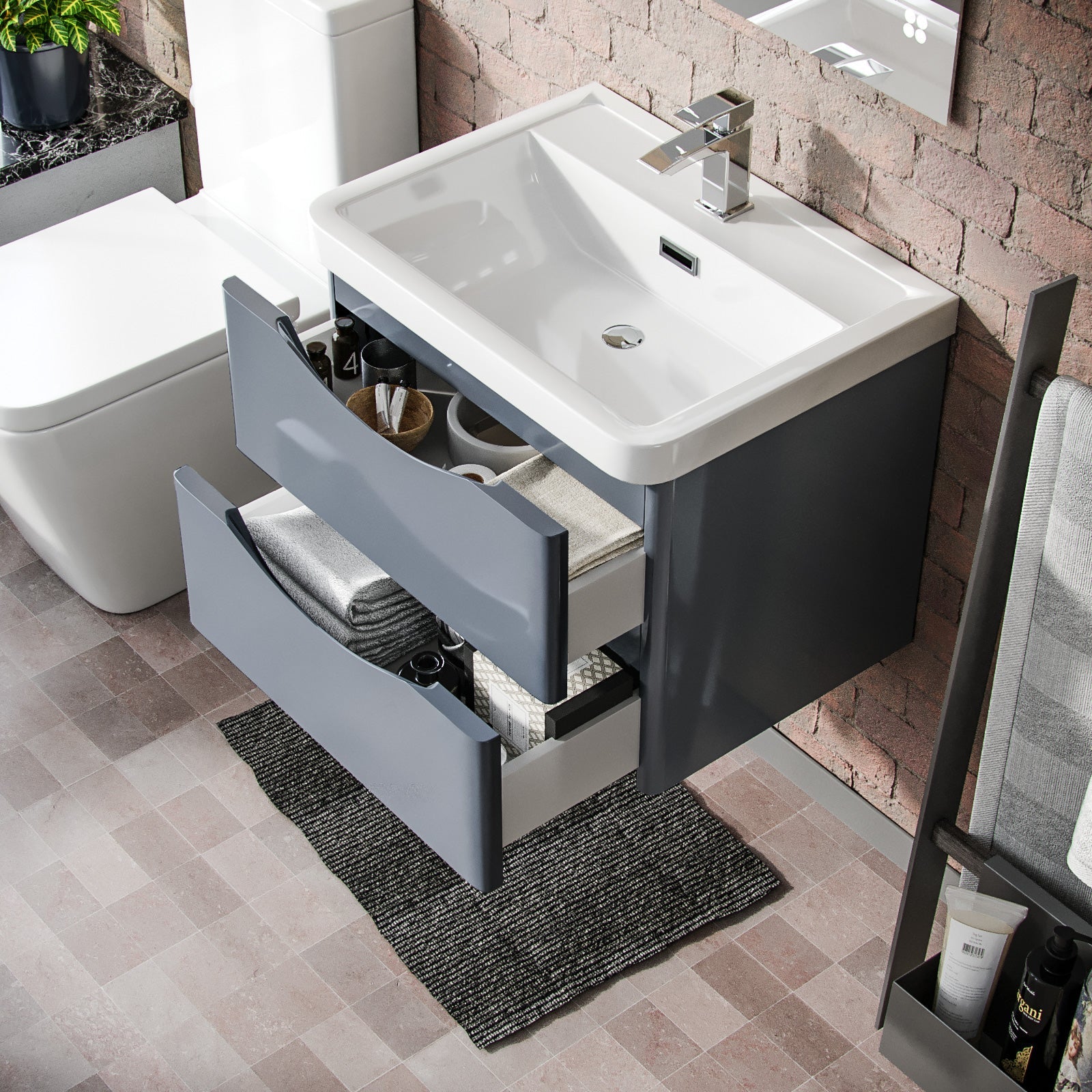 Merton Grey 600mm Wall Hung Vanity Basin Unit & Square Rimless Close Coupled Toilet