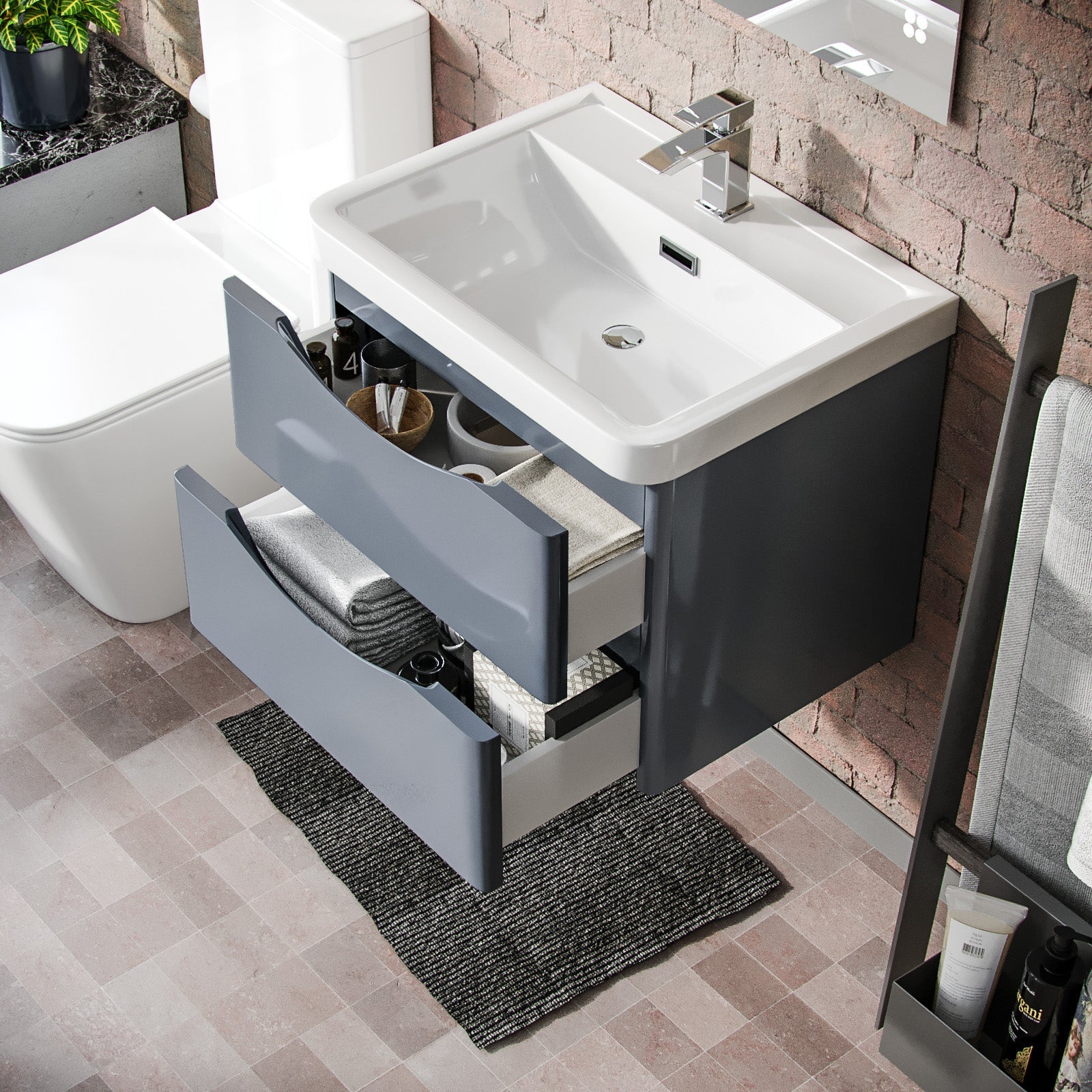 Merton 600mm Wall Hung Vanity Basin Unit & Square Rimless Close Coupled Toilet Grey