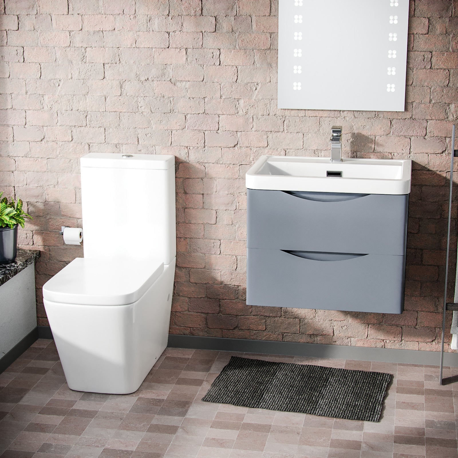 Merton Grey 600mm Wall Hung Vanity Basin Unit & Square Rimless Close Coupled Toilet
