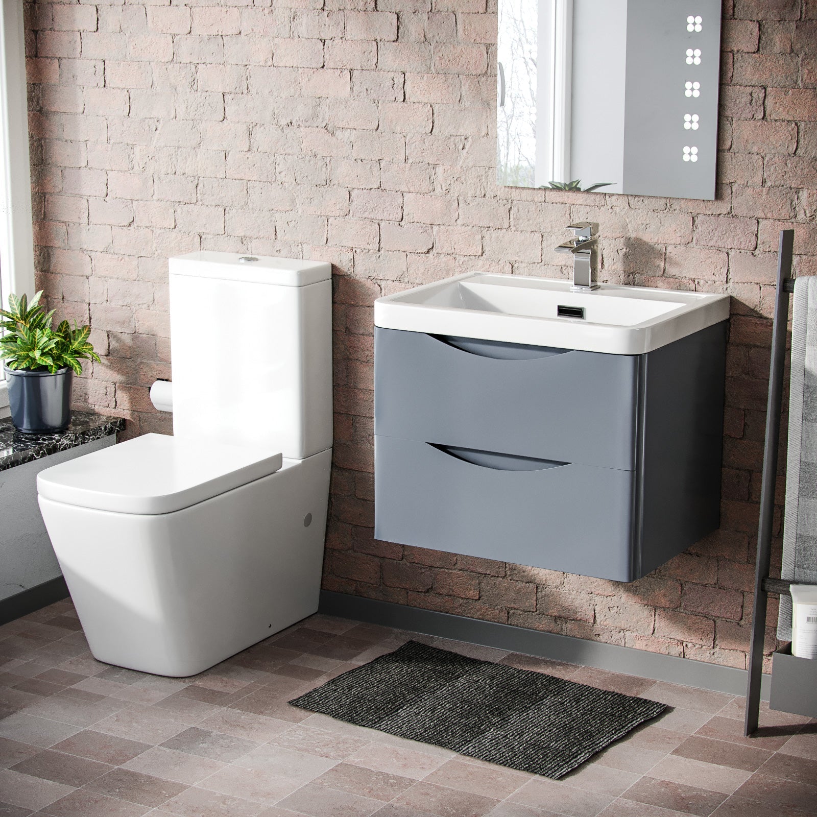 Merton Grey 600mm Wall Hung Vanity Basin Unit & Square Rimless Close Coupled Toilet
