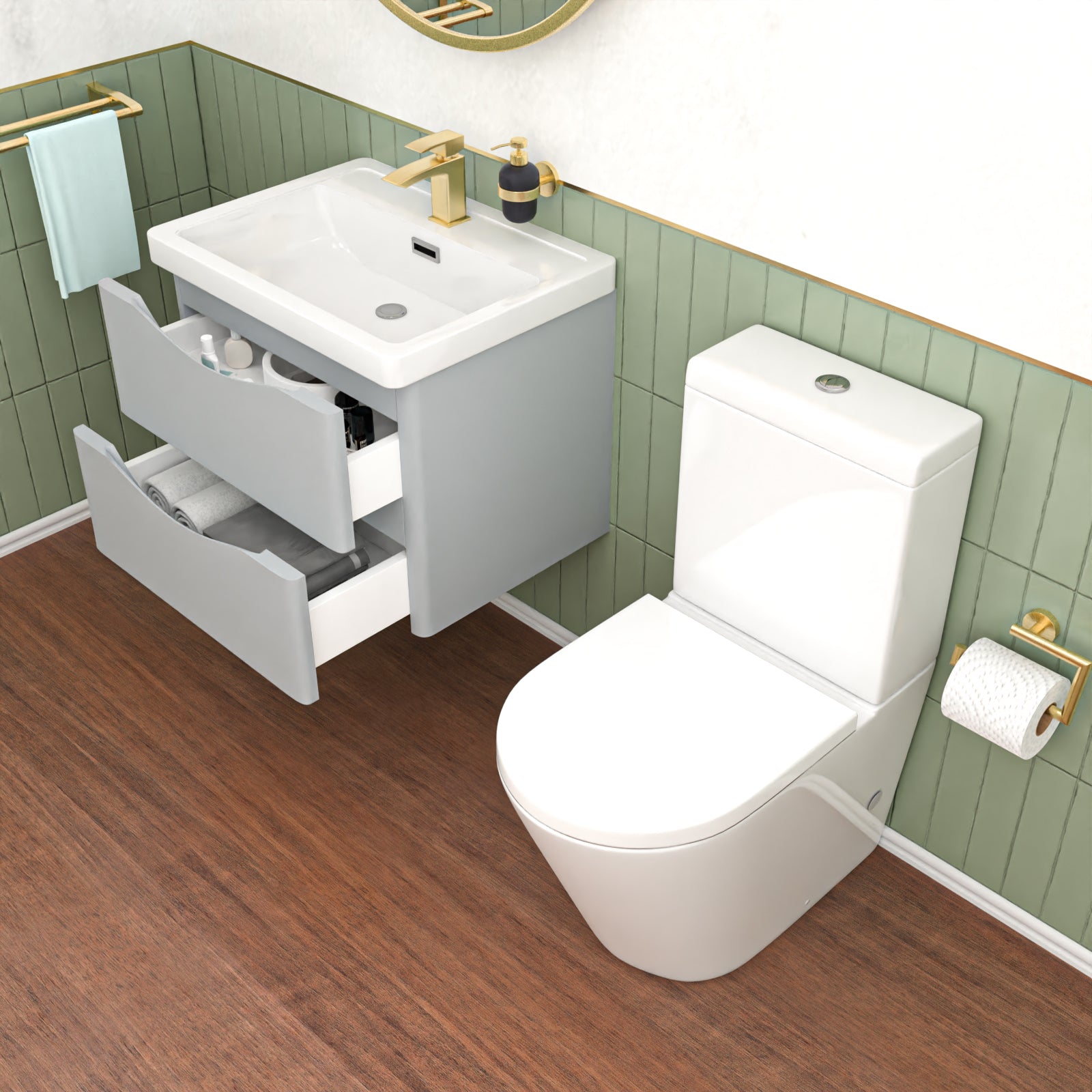 Merton 600mm Matte Grey Wall Hung Vanity Basin & Close Coupled Toilet