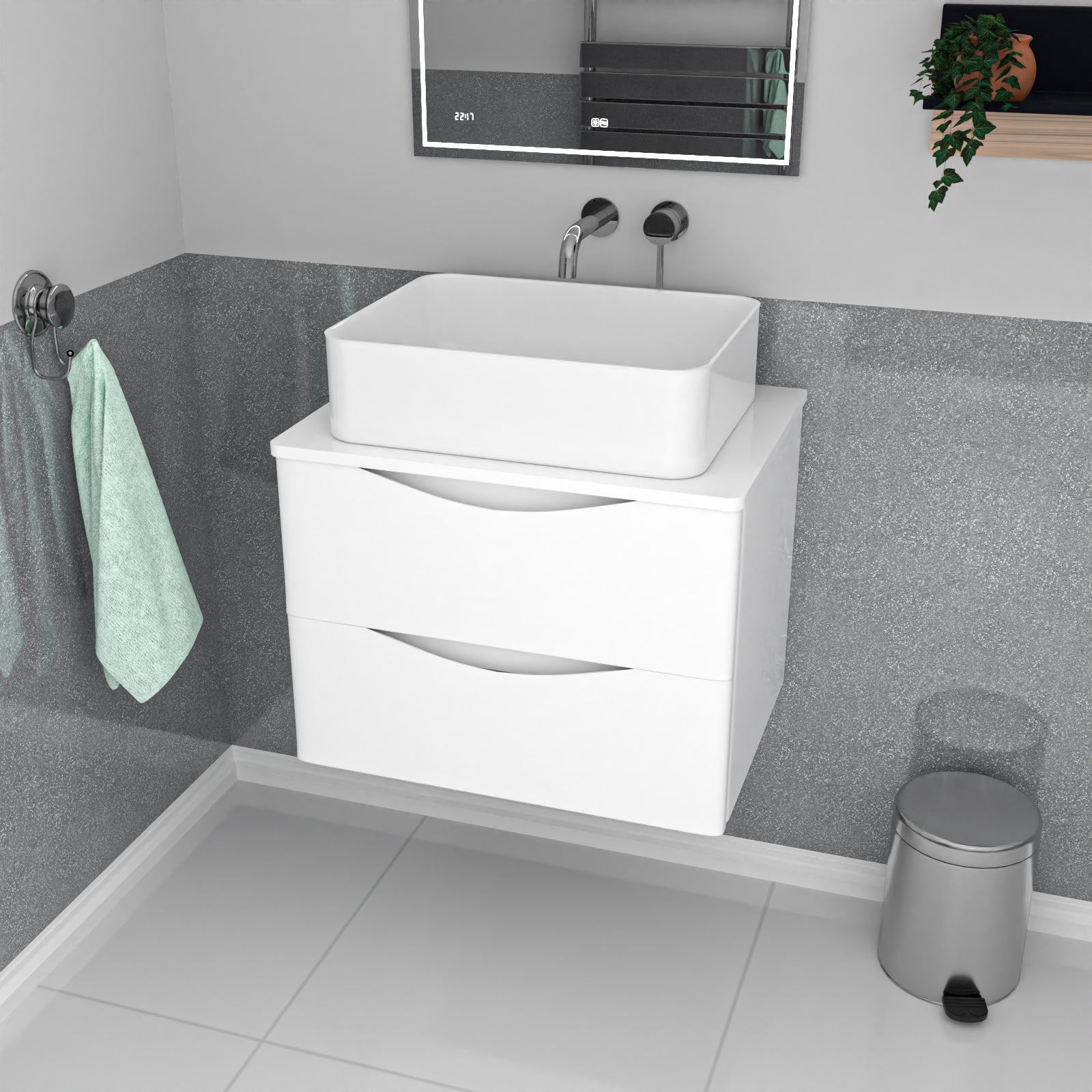 Merton 600mm White Wall Hung Vanity Unit, Worktop With Square Basin
