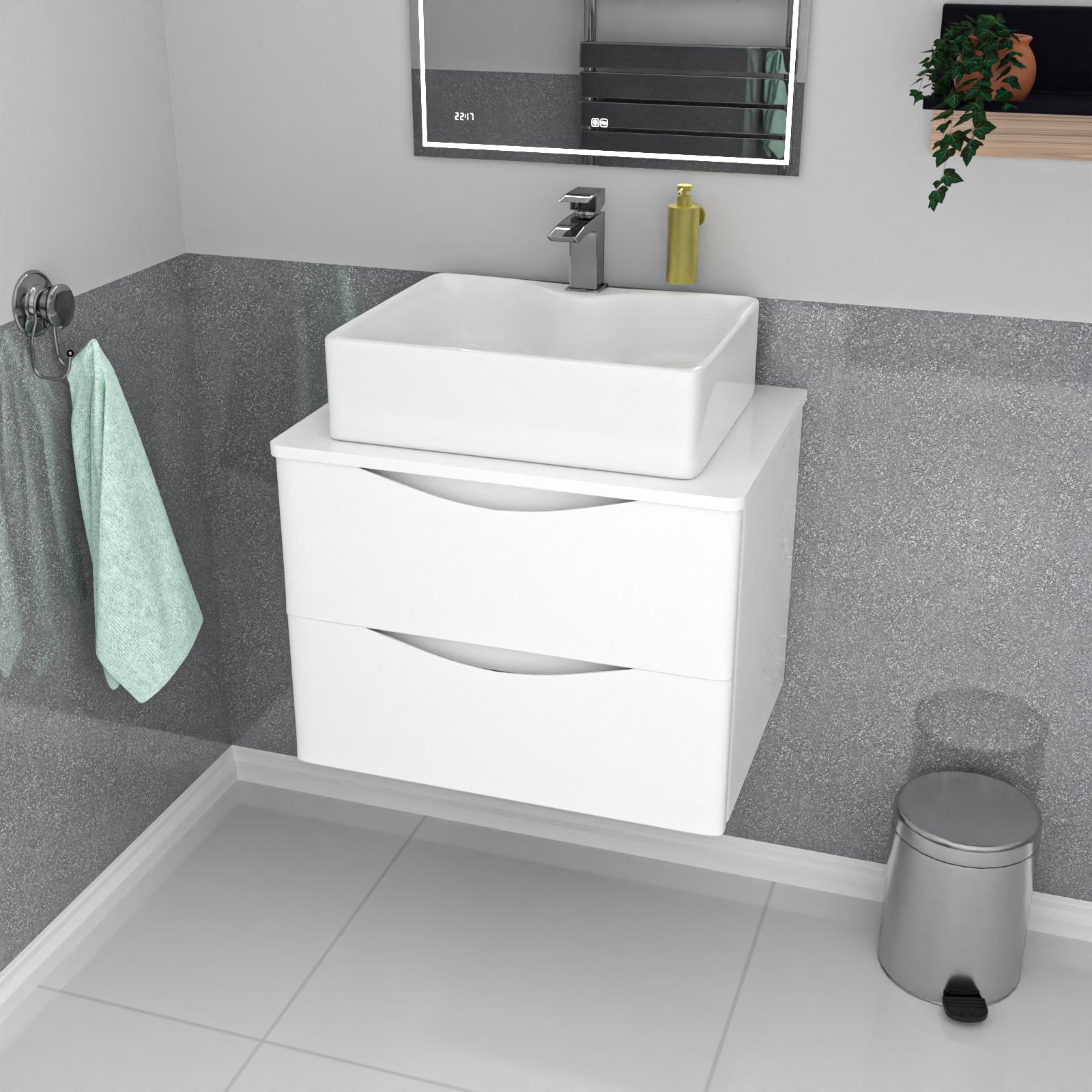 Merton 600mm White Wall Hung Vanity Unit, Worktop With Square Bowl Basin