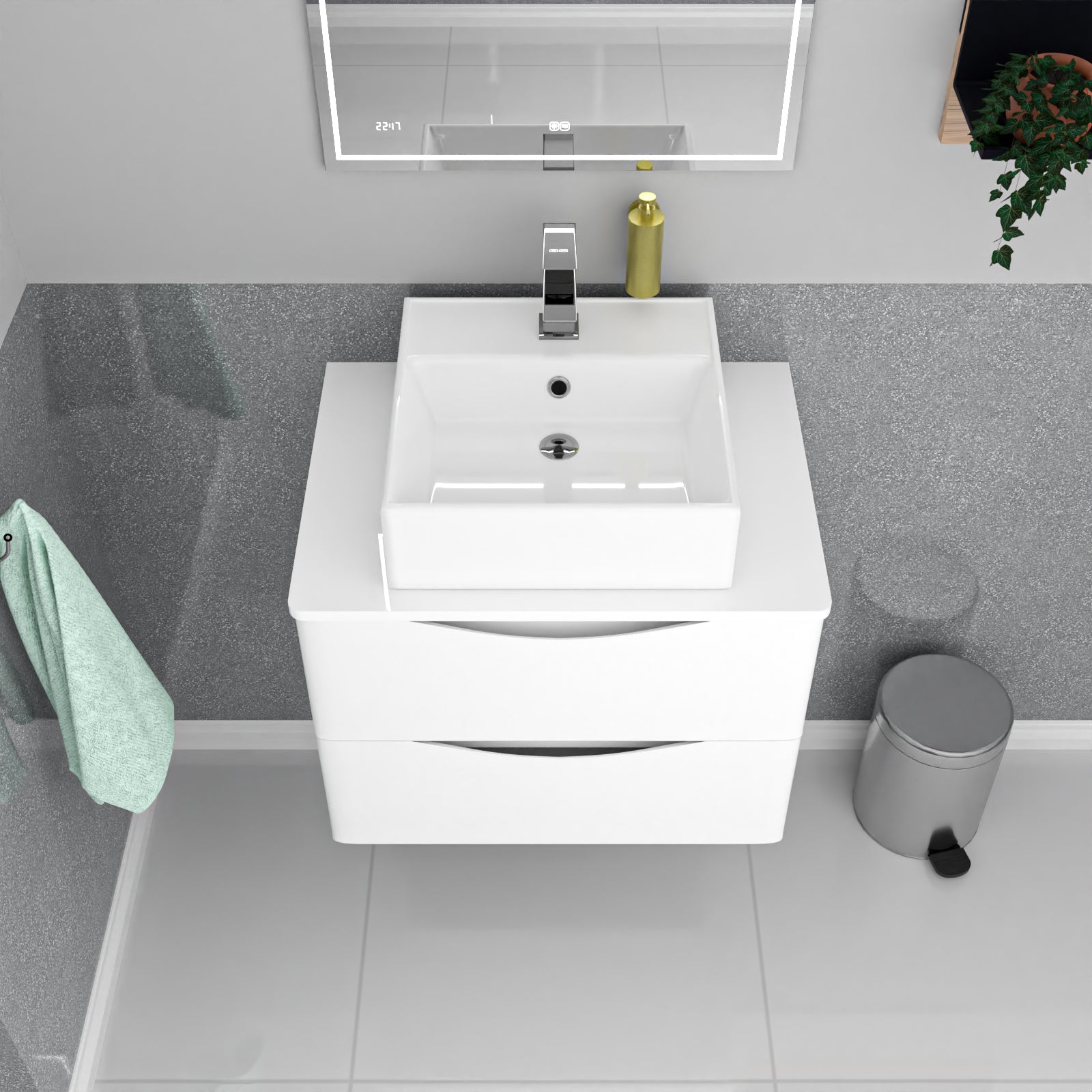 Merton 600mm Wall Hung White 2 Drawers Vanity & Worktop With Square Basin