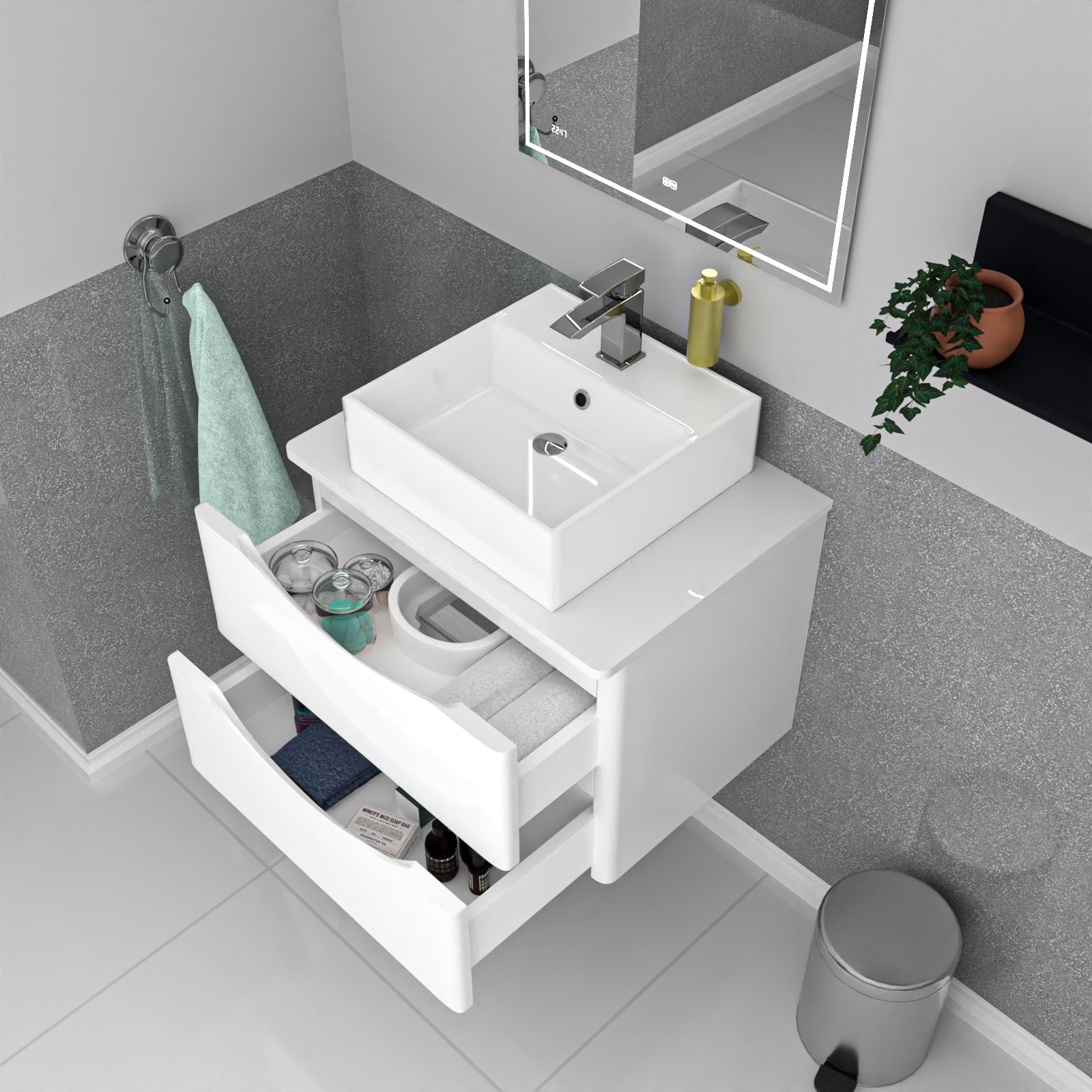 Merton 600mm Wall Hung White 2 Drawers Vanity & Worktop With Square Basin