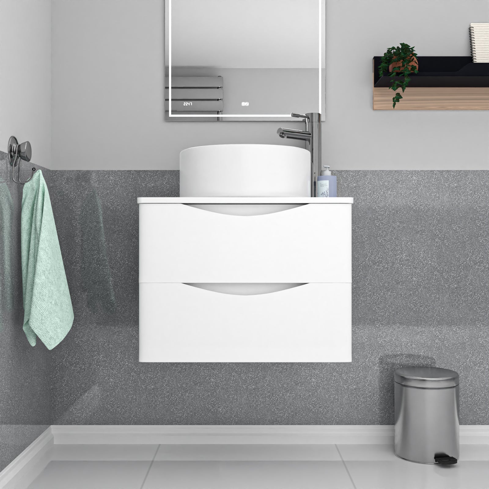 Merton 600mm White Wall Hung 2 Drawers Vanity & Worktop With Round
