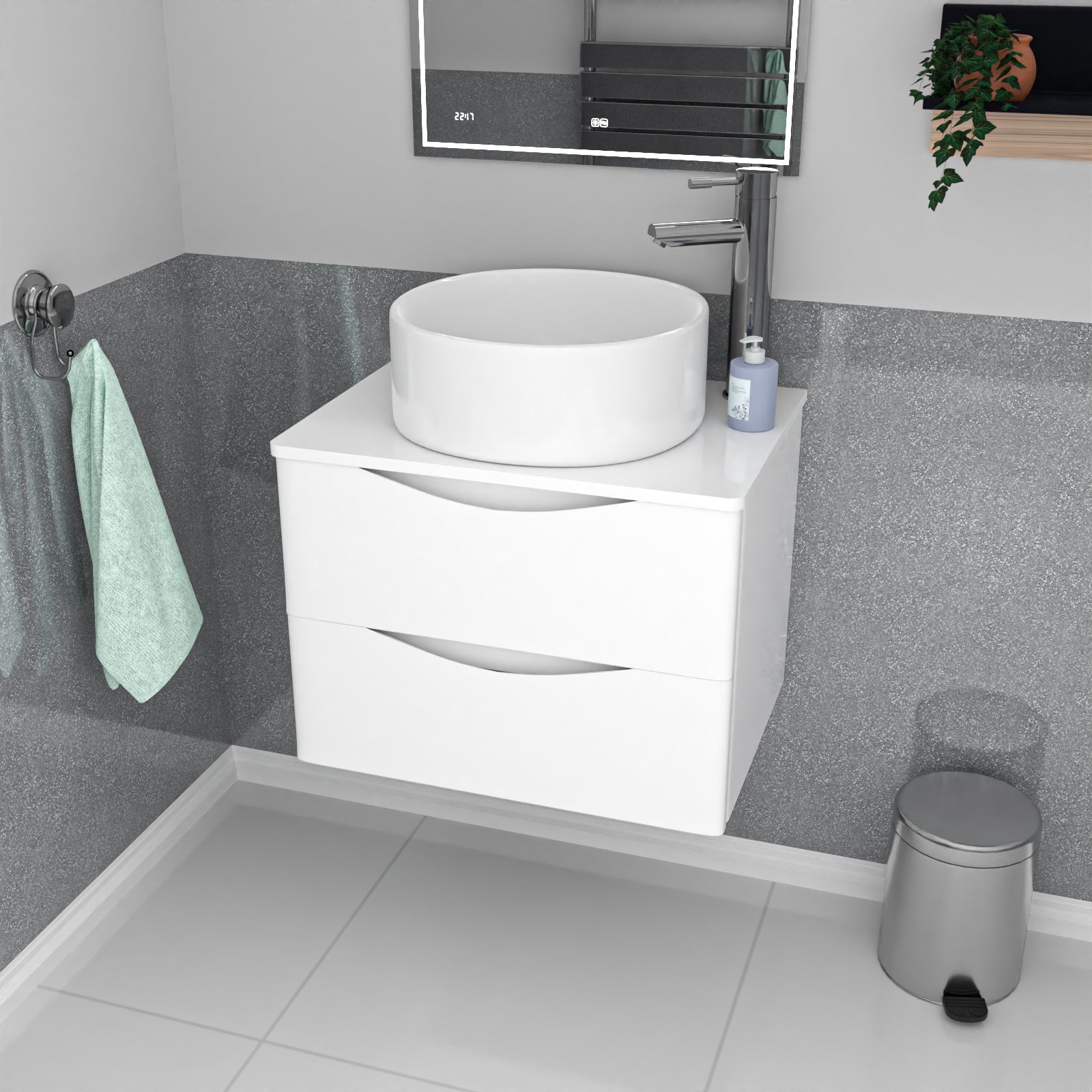 Merton 600mm White Wall Hung 2 Drawers Vanity & Worktop With Round