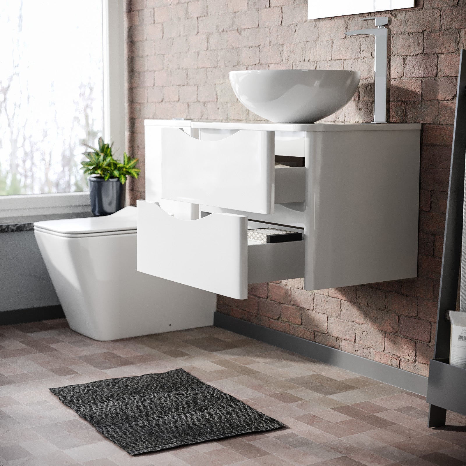 Merton White 600mm Bathroom Wall Hung Vanity Unit With Round Ceramic Countertop 420mm Basin