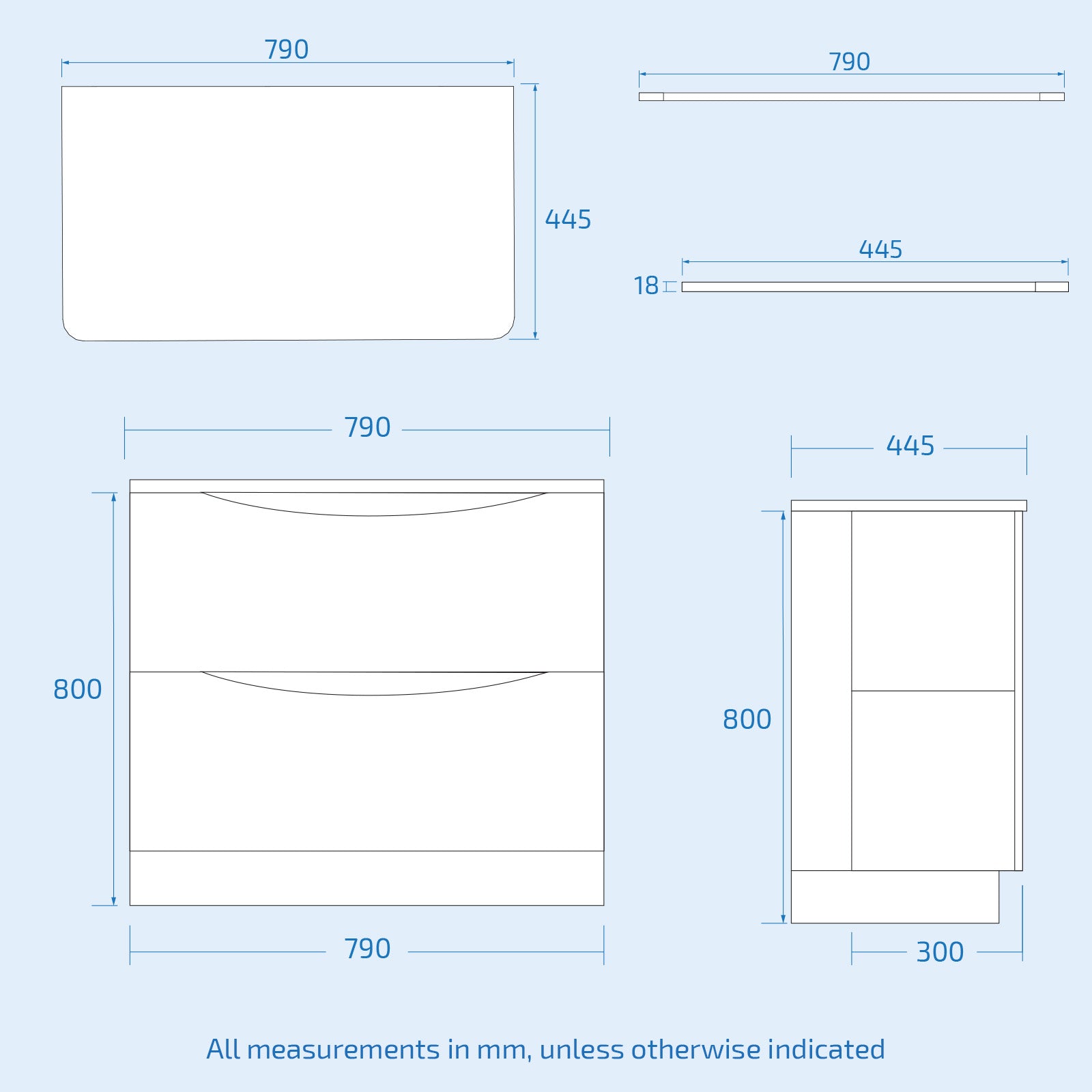 Technical drawing/blueprint of a white vanity unit