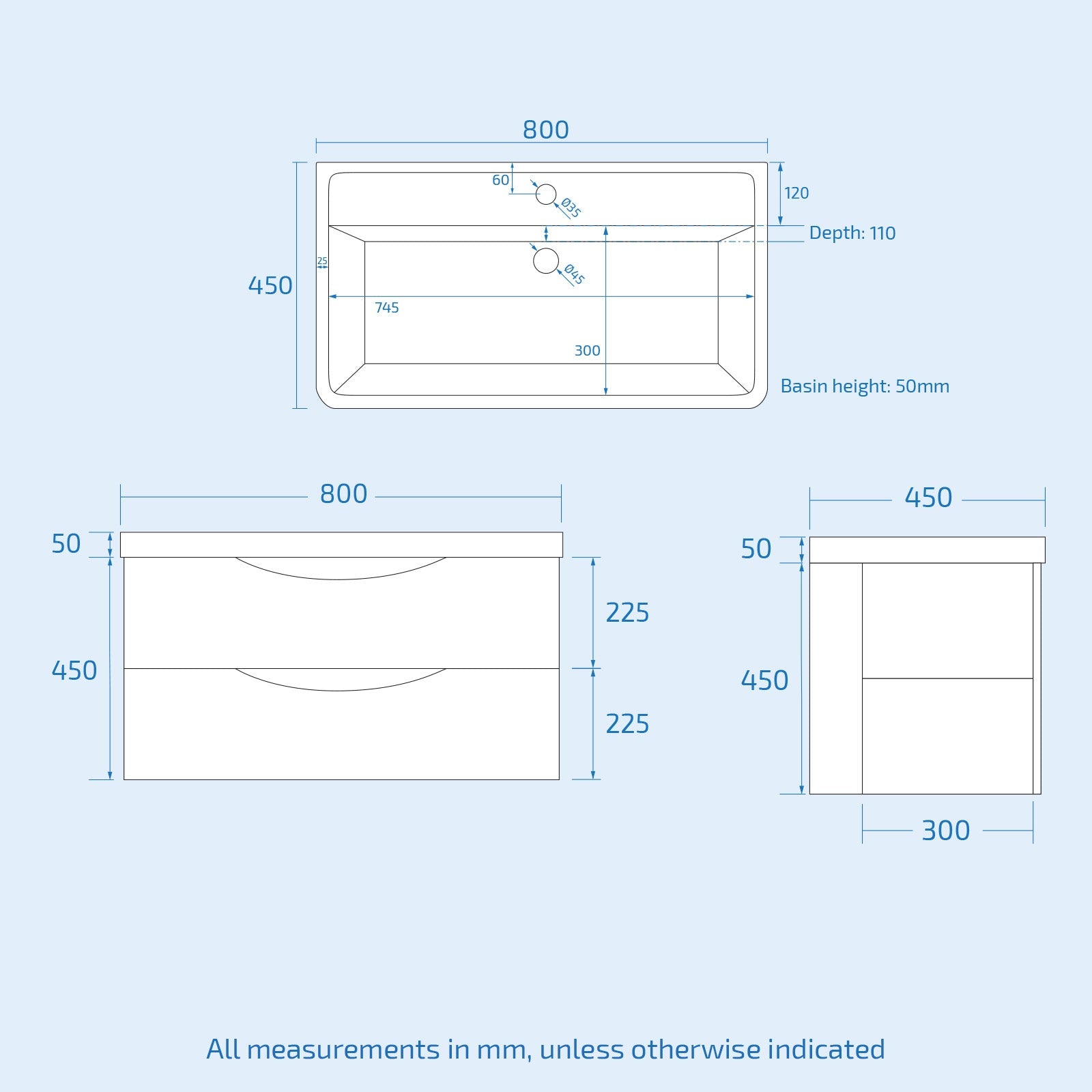 Merton 800mm White Wall Hung Basin Sink Vanity with Storage Drawers