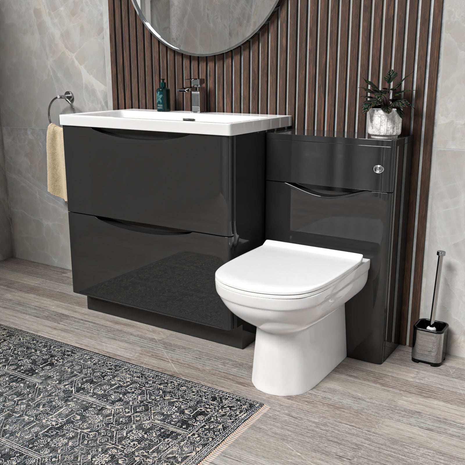 Bathroom setup with black vanity unit and white toilet
