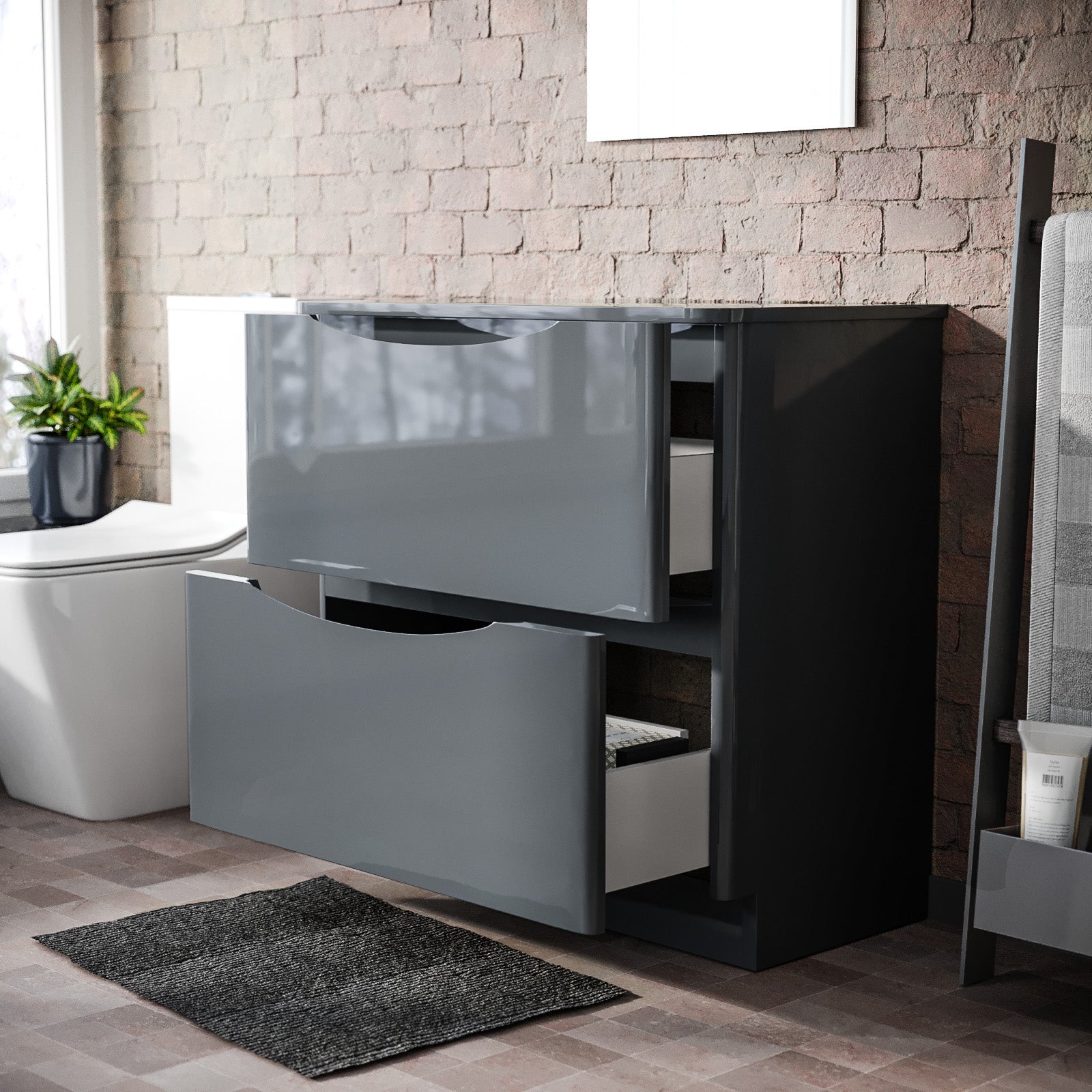 Merton 800mm Dark Grey Freestanding Countertop Vanity Basin Unit 2-Drawer Cabinet with 320mm Round White Countertop Basin