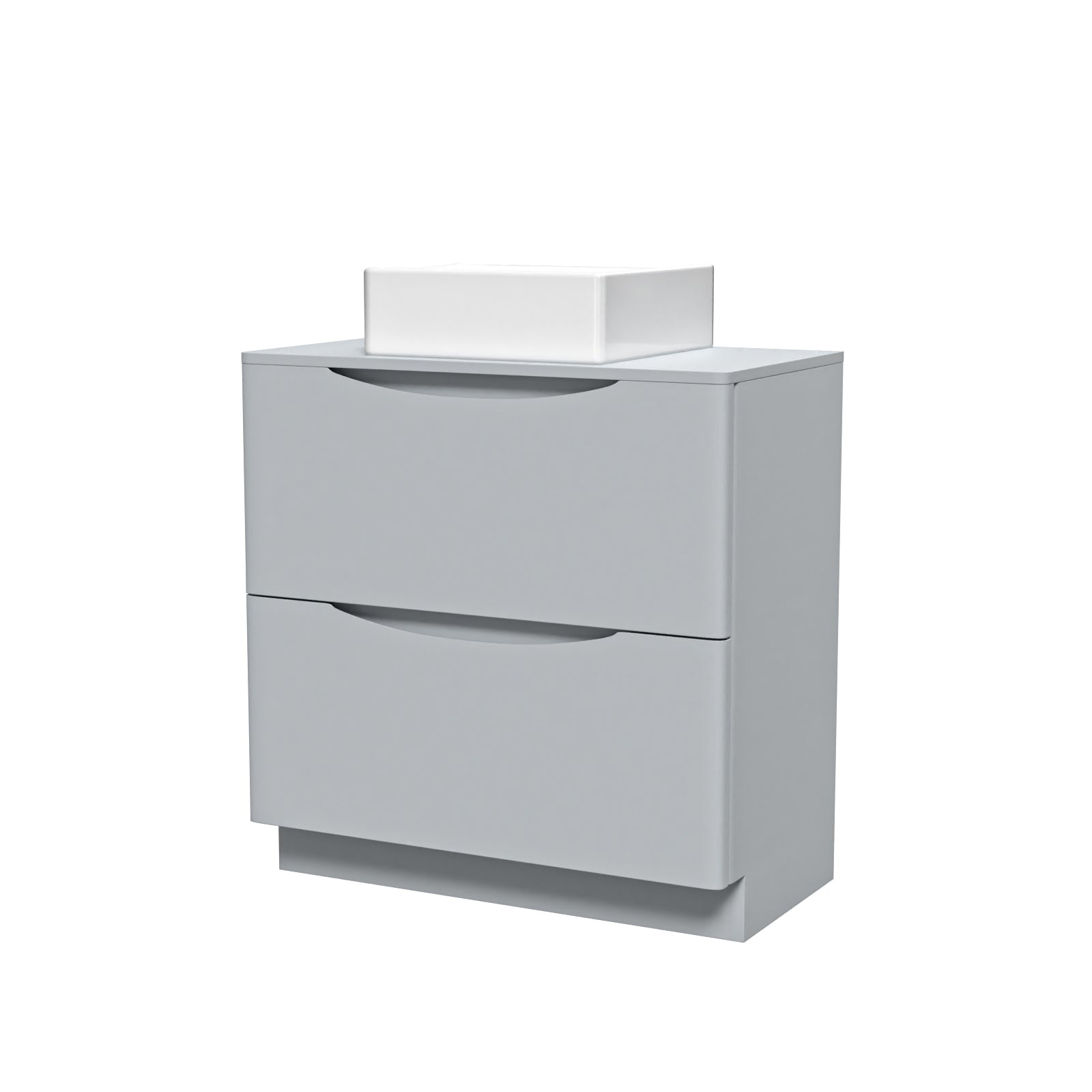 Gray vanity cabinet with white sink with white background