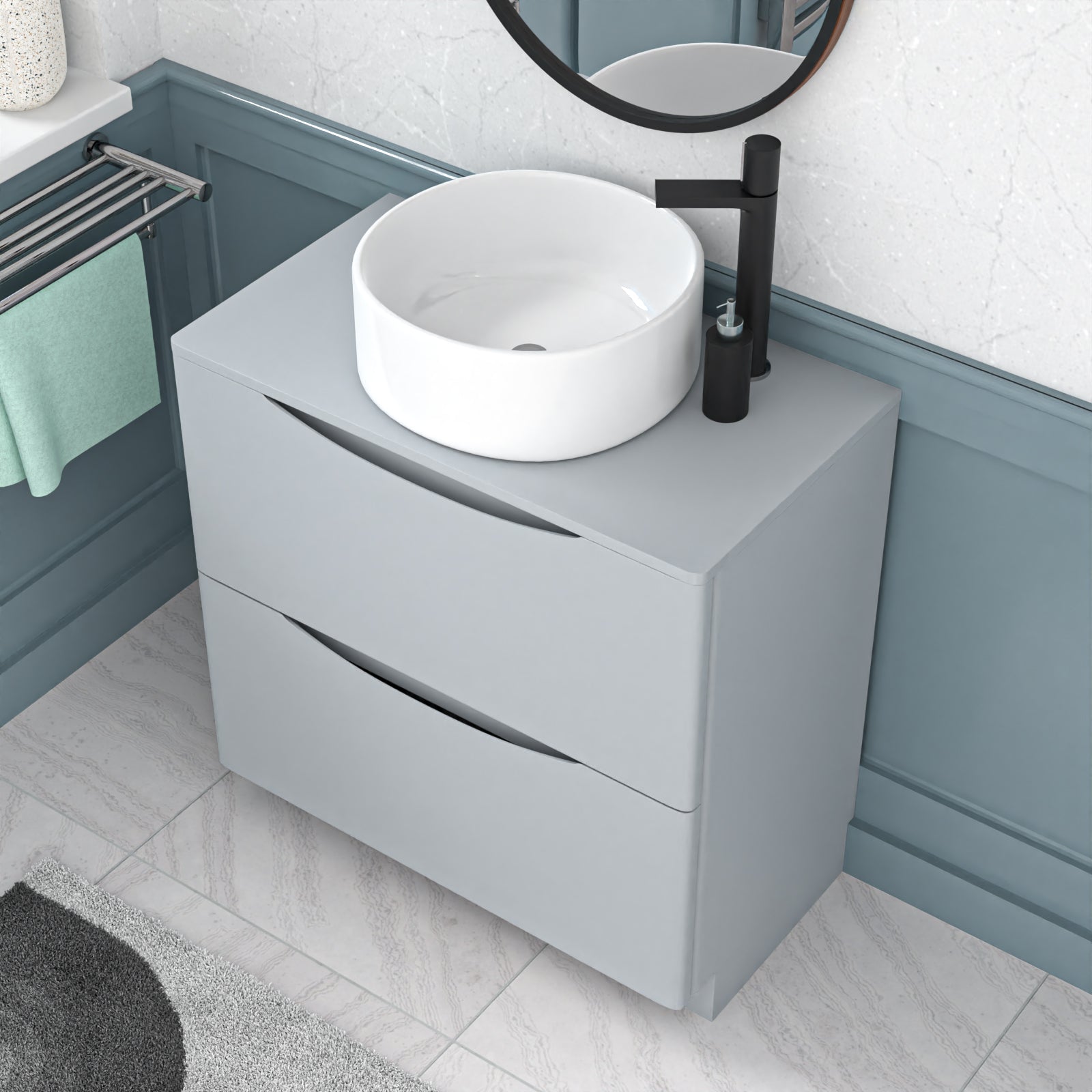 Bathroom vanity cabinet with white sink and black faucet against a blue wall.
