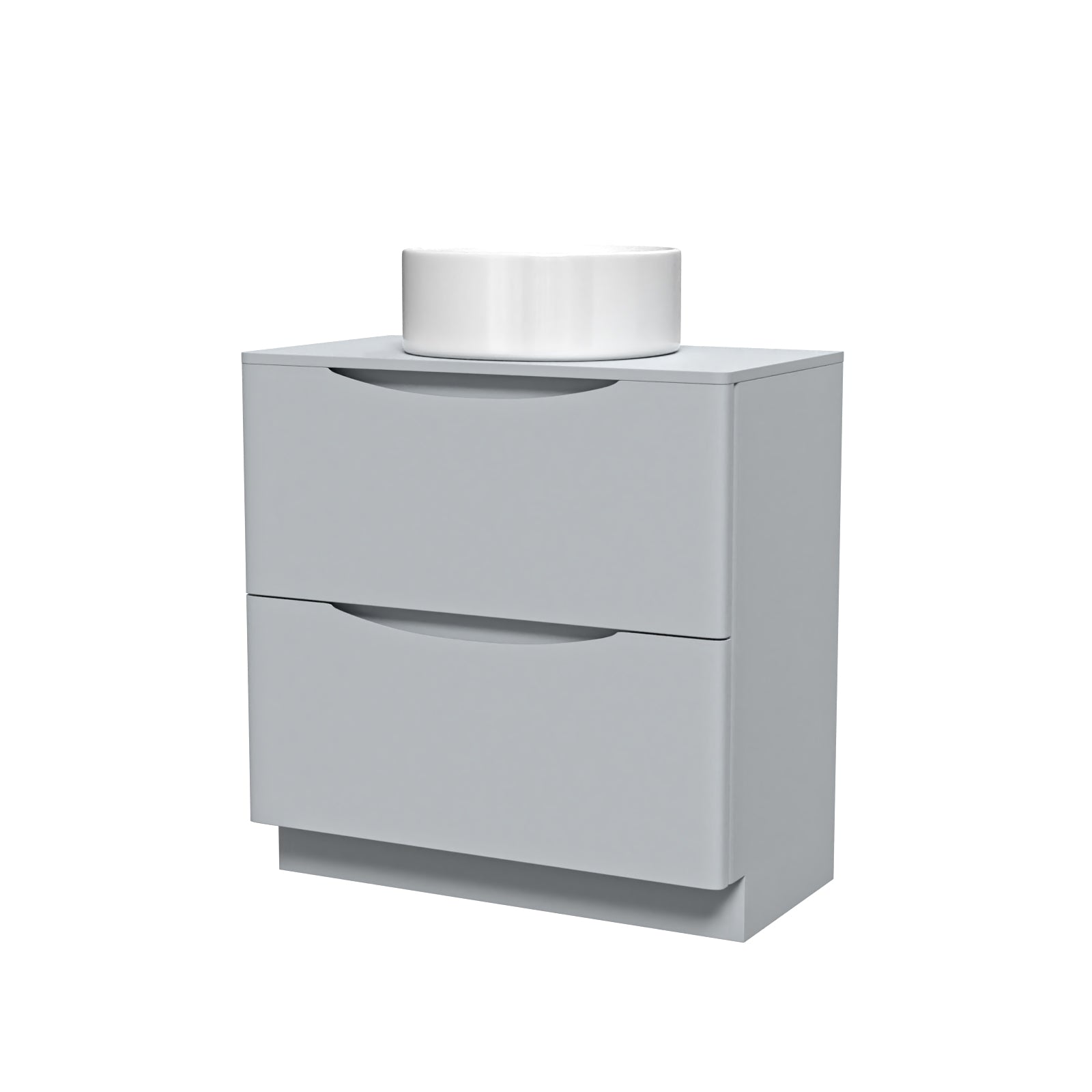 Gray bathroom vanity with a white basin on a white background