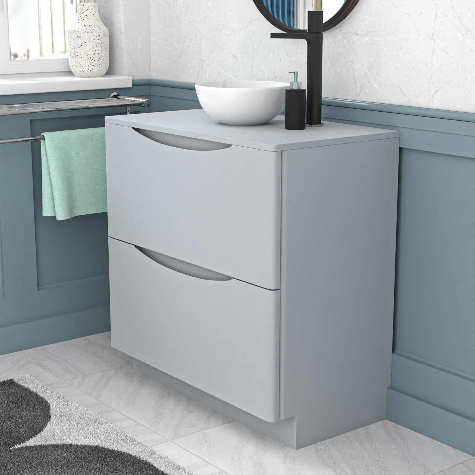 Gray vanity unit with two drawers in a bathroom setting.