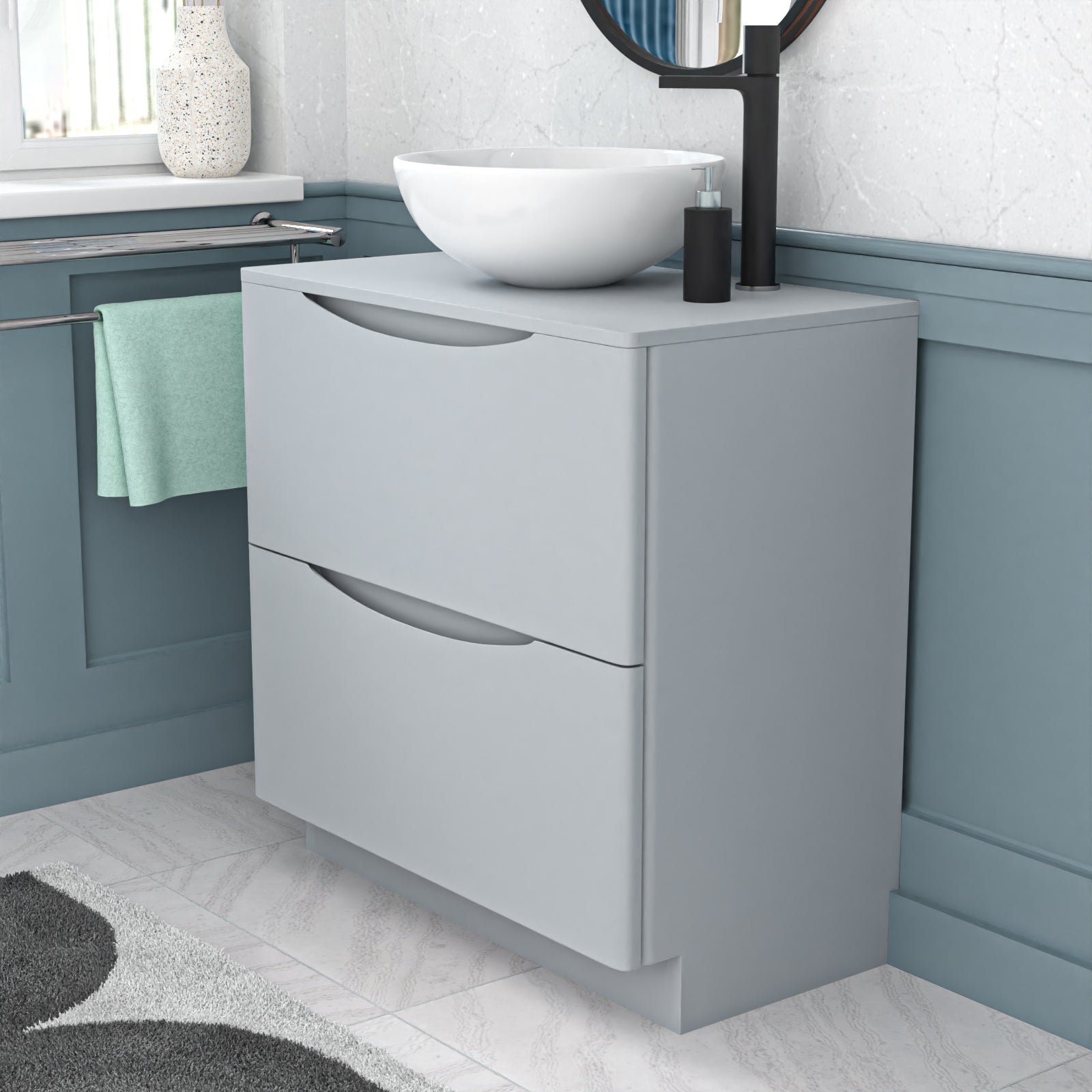 Merton Matte Grey 800mm Freestanding Vanity Round Ceramic Countertop Basin