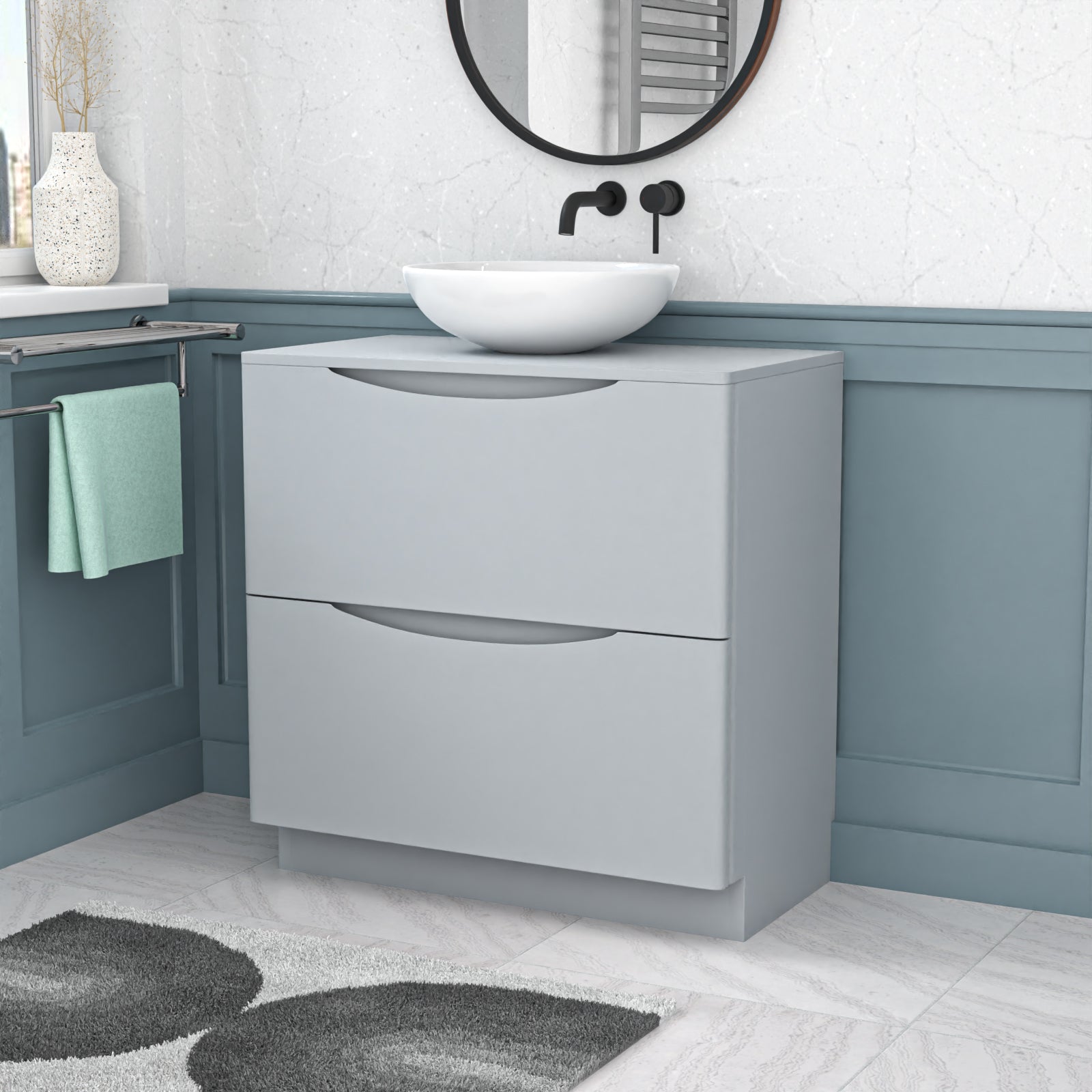 Bathroom vanity with sink and mirror in a modern bathroom setting