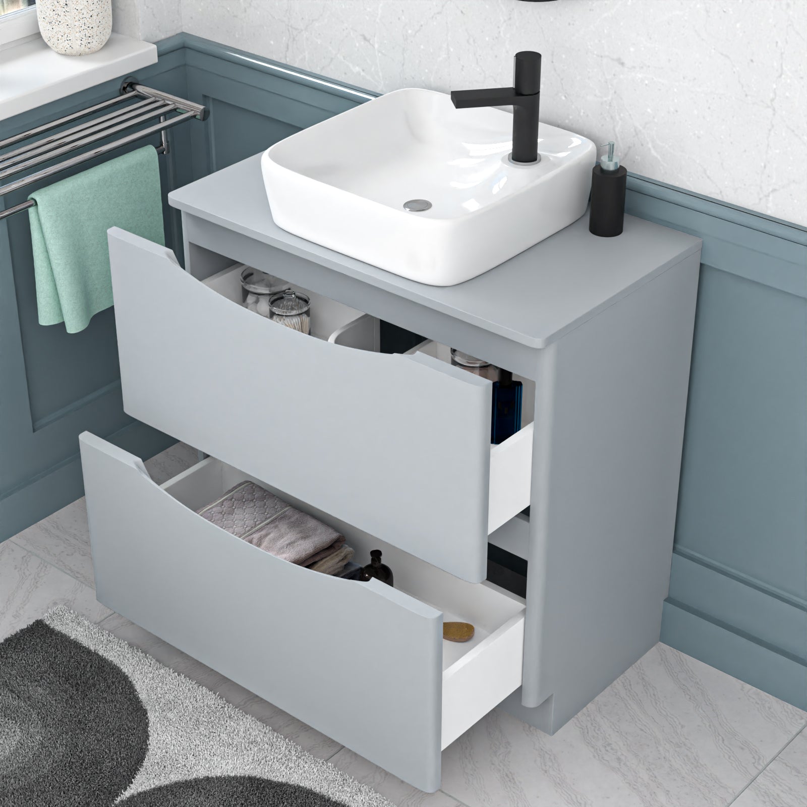 Merton 800mm Matte Grey Drawers Vanity, Worktop & Square Rounded Corner Basin