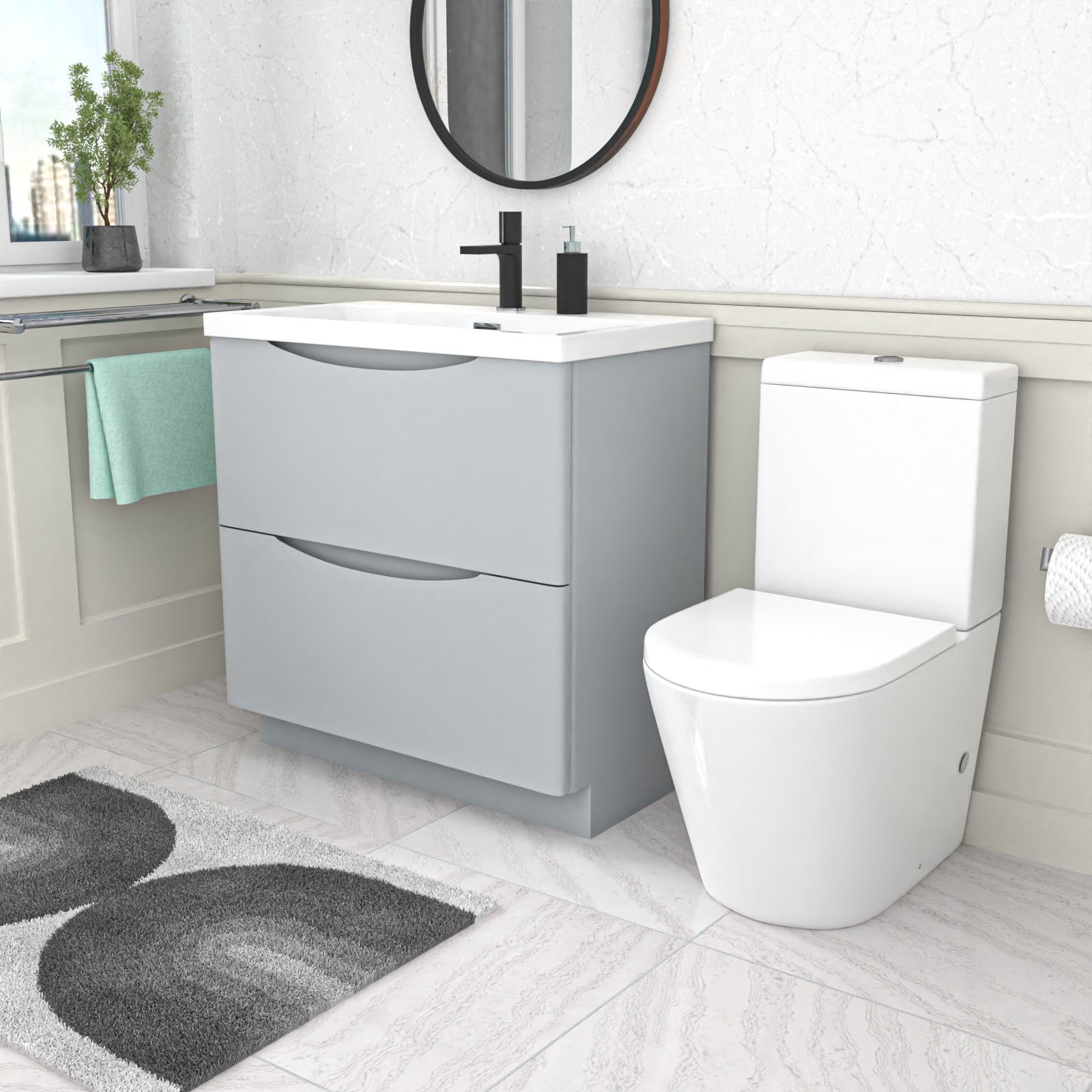Merton Matte Grey 800mm Basin Vanity Unit and Rimless Close Coupled Toilet