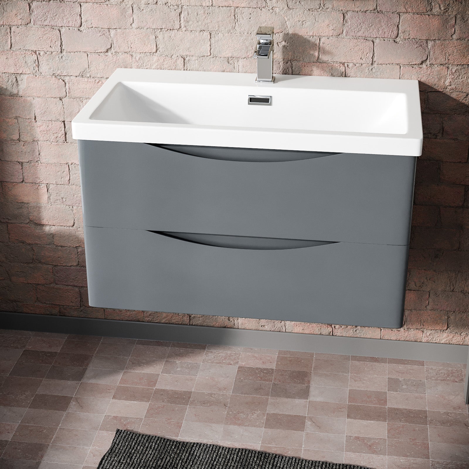 Merton Grey 800mm Wall Hung Drawer & Resin White Basin Sink Vanity Unit