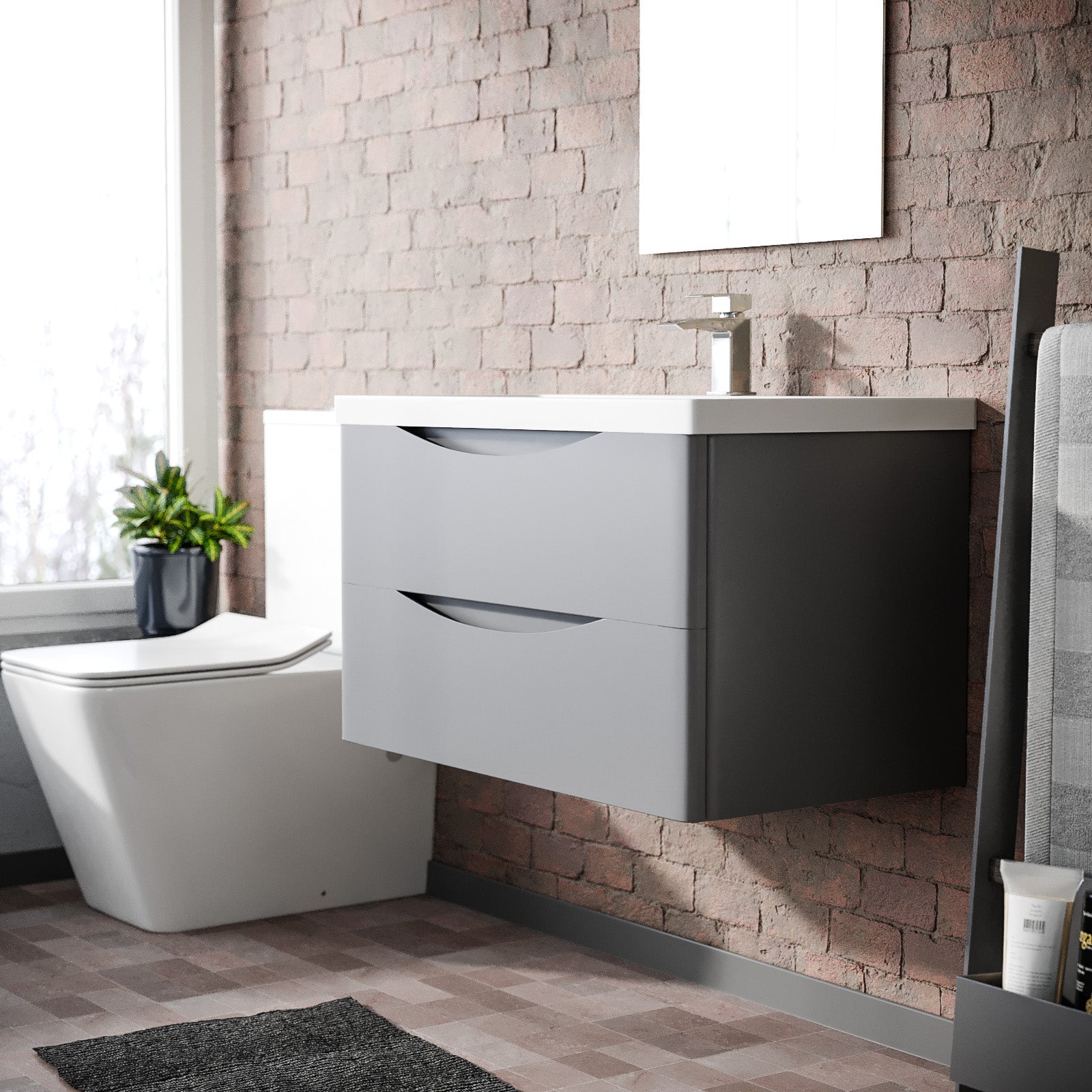 Merton Matte Grey 800mm Wall Hung Drawer & Resin White Basin Sink Vanity Unit