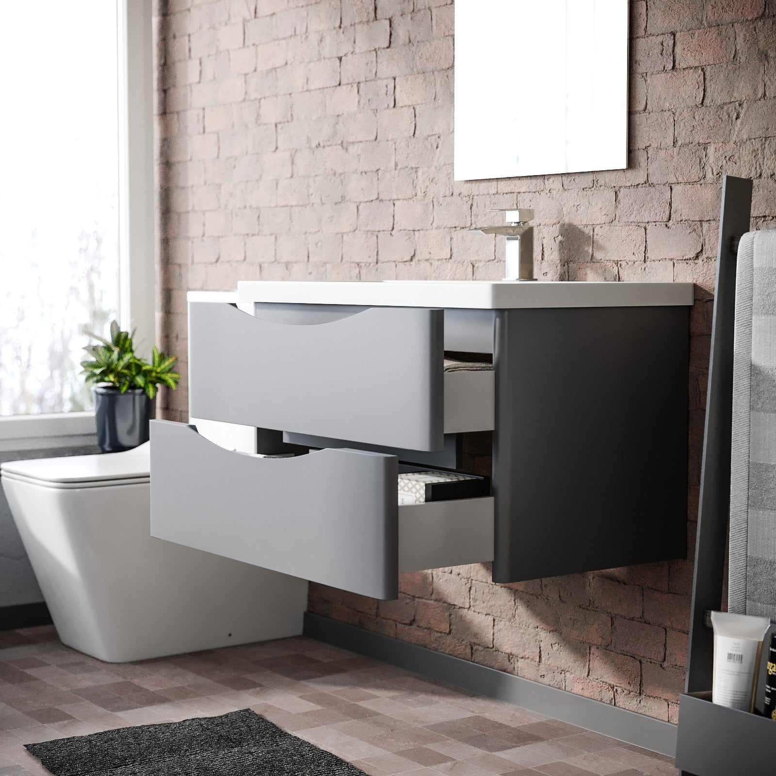 Merton Matte Grey 800mm Wall Hung Drawer & Resin White Basin Sink Vanity Unit