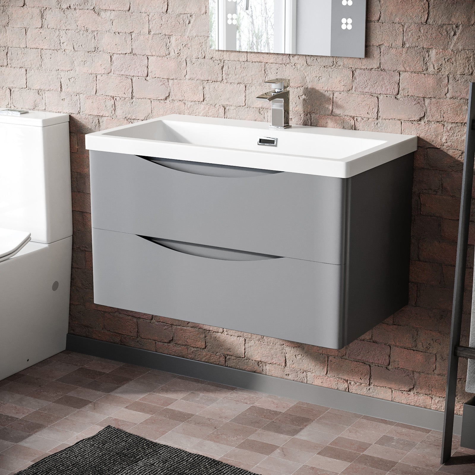 Merton Matte Grey 800mm Wall Hung Drawer & Resin White Basin Sink Vanity Unit