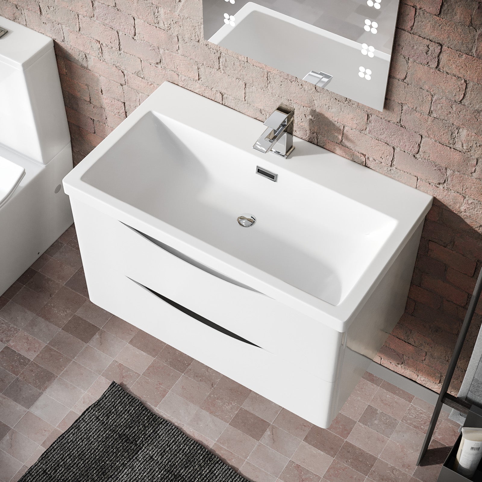 Merton 800mm White Wall Hung Basin Sink Vanity with Storage Drawers