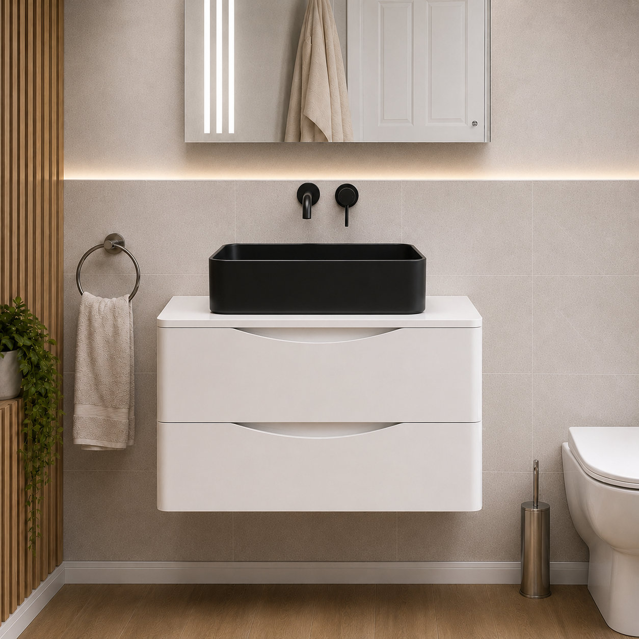 Merton 800mm White Wall Hung Vanity with Worktop and 490mm Rectangle Matte Black Countertop Basin Unit
