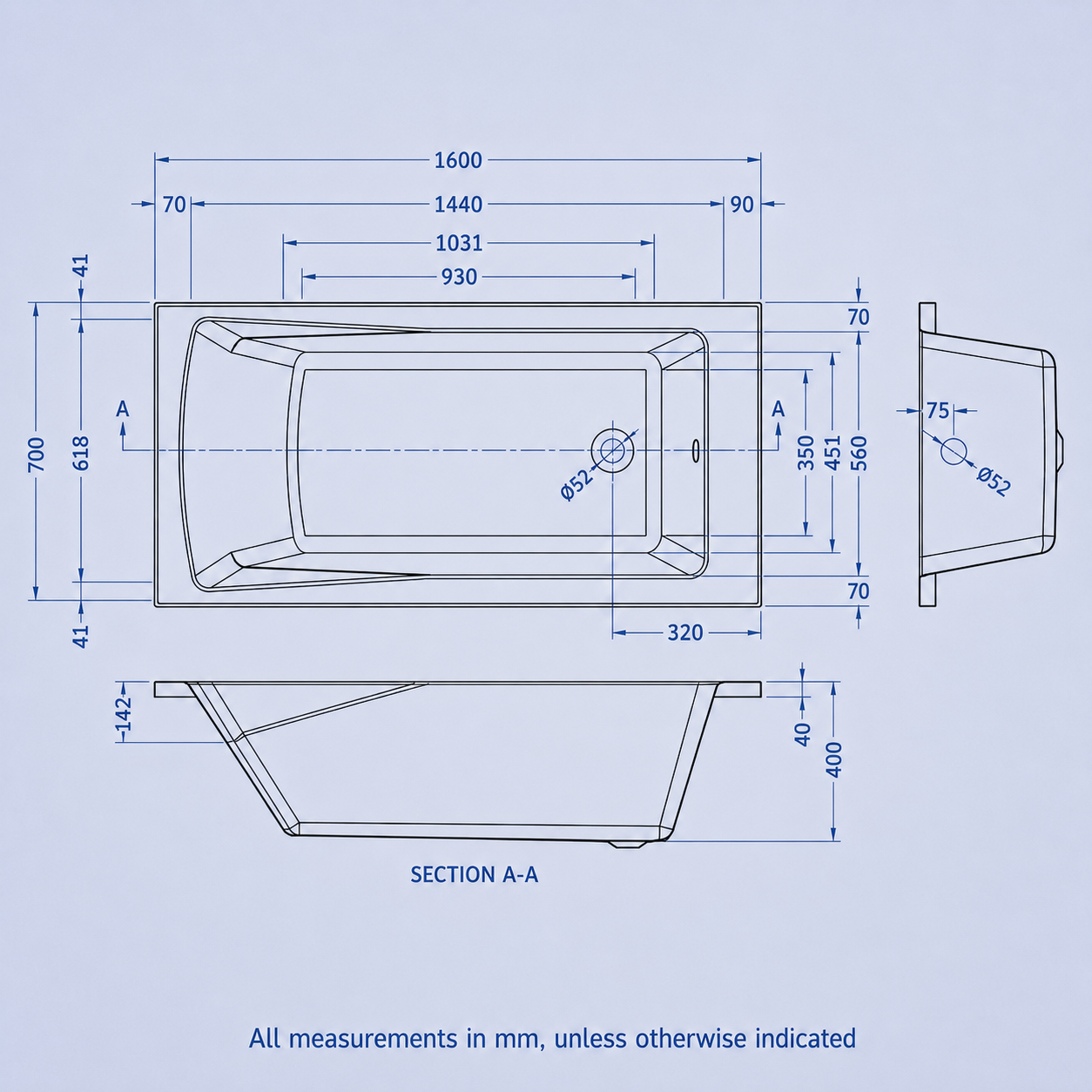 1600 x 700mm White Square Single Ended Bath with Bath Leg
