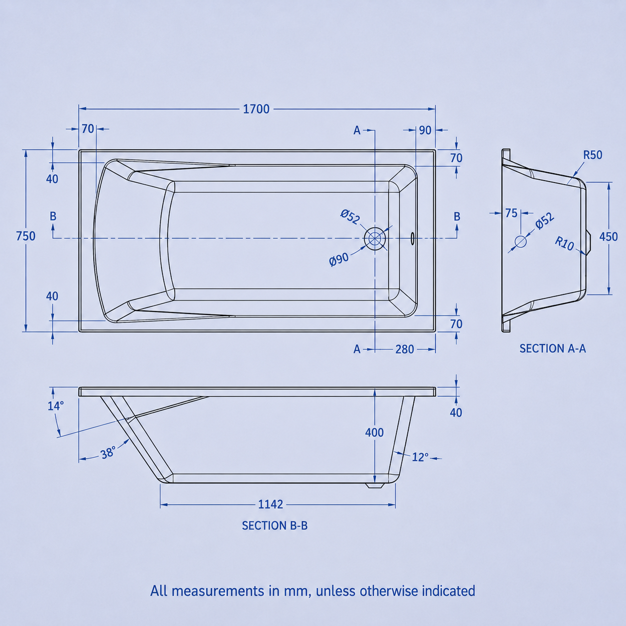 1700mm x 750mm Square Single Ended Bathtub With Legs