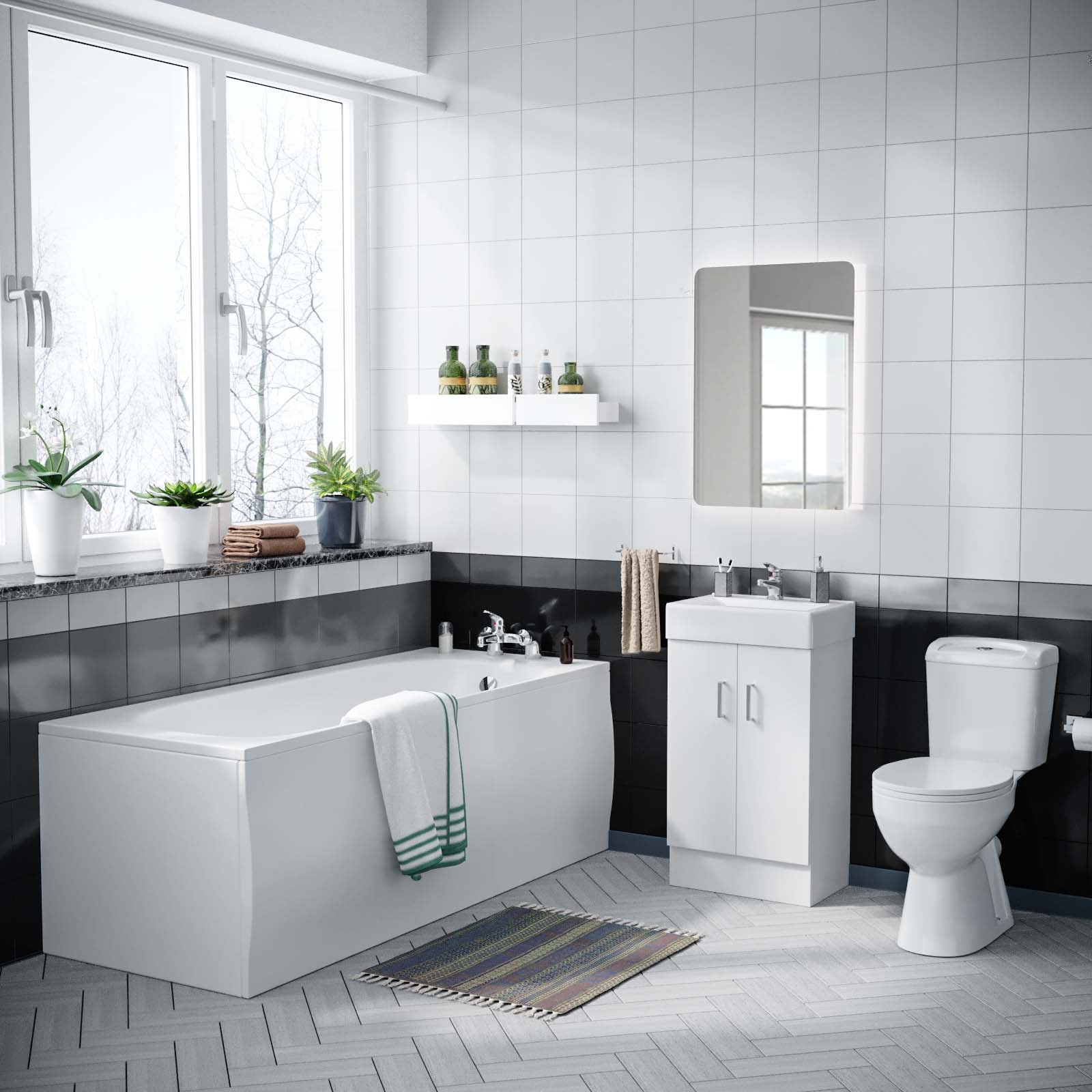Nanuya 450mm Freestanding Basin Vanity Unit, Close Coupled Toilet & Round Bath
