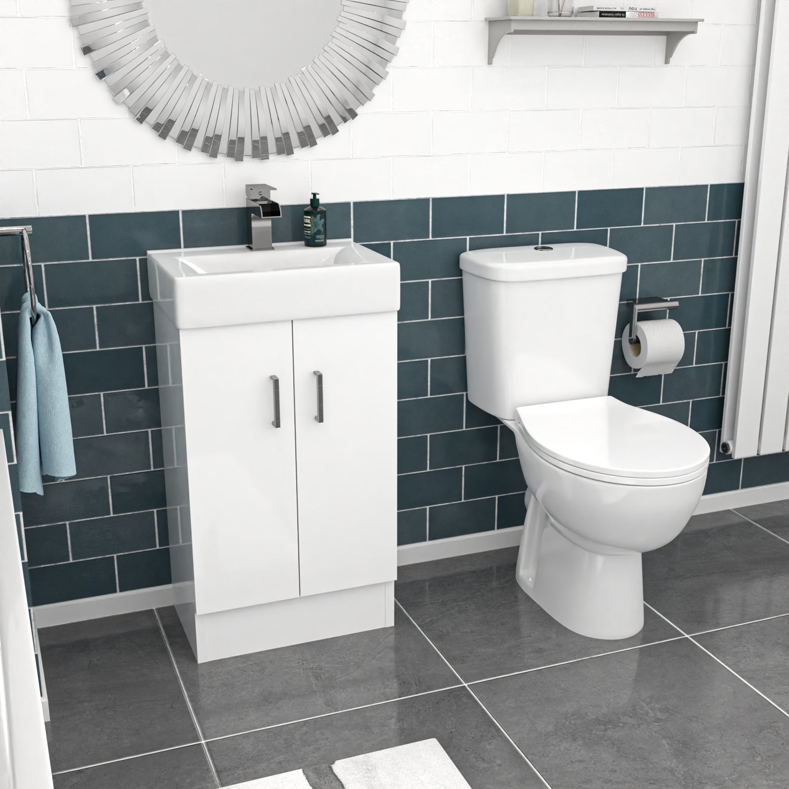 Nanuya 450mm Floorstanding Basin Vanity, Close Coupled Toilet & Round Bath