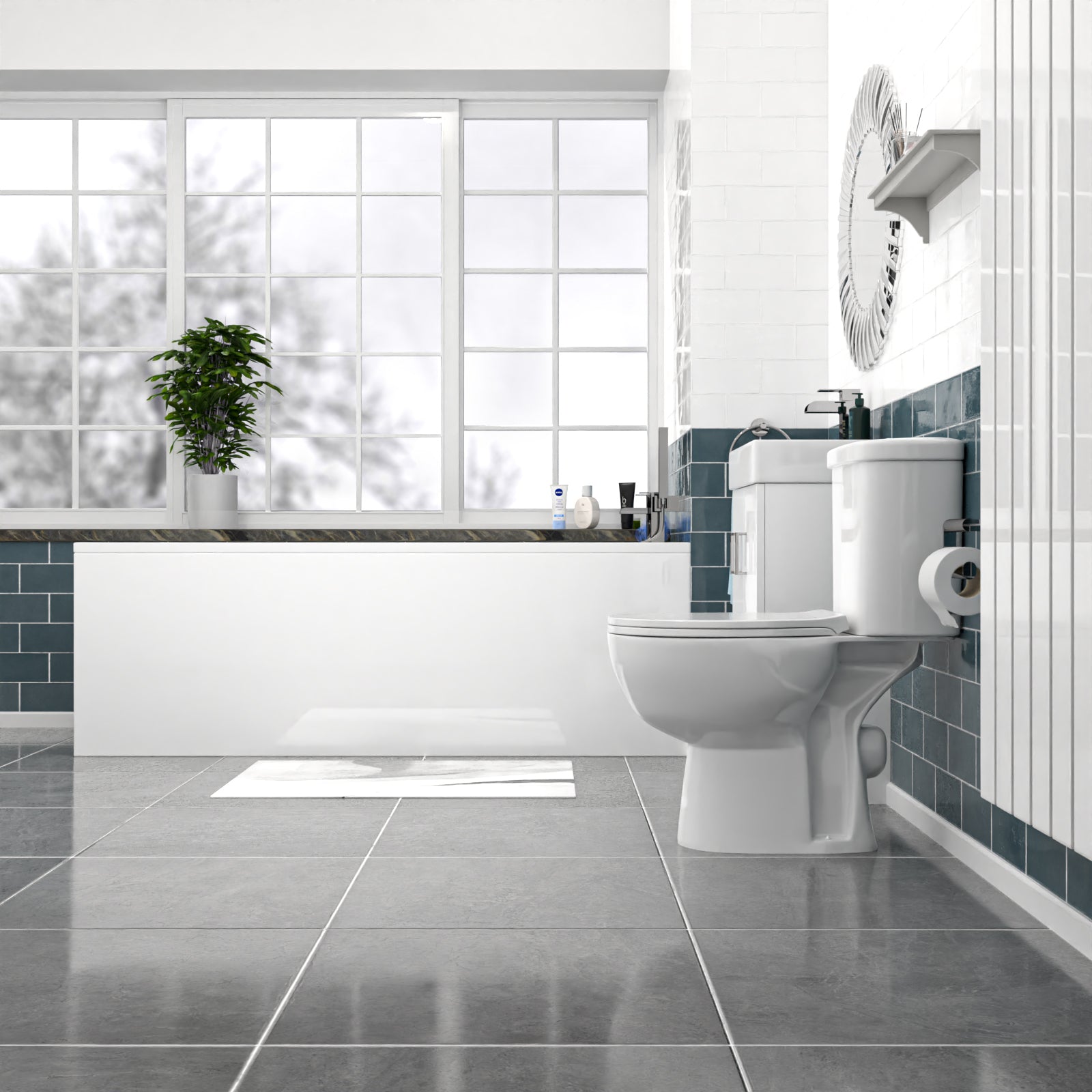 Nanuya 450mm Floorstanding Basin Vanity, Close Coupled Toilet & Round Bath