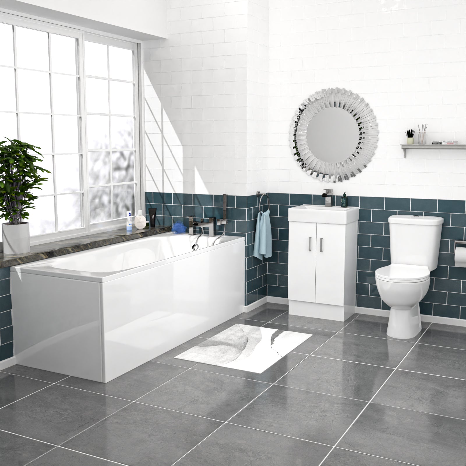 Nanuya 450mm Floorstanding Basin Vanity, Close Coupled Toilet & Round Bath