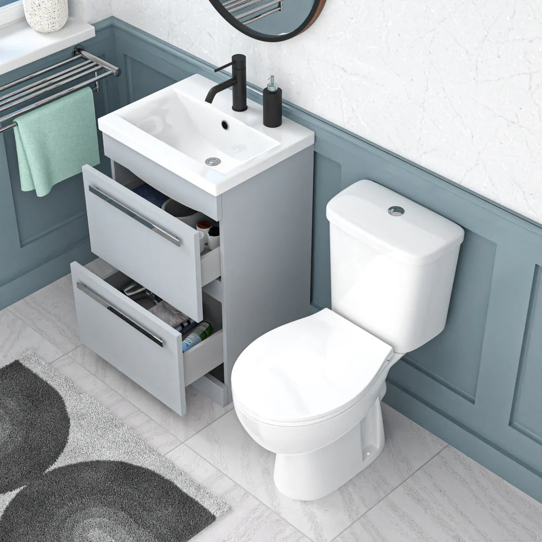 Nanuya 500mm Matte Grey 2 Drawers Vanity White Close Coupled Toilet