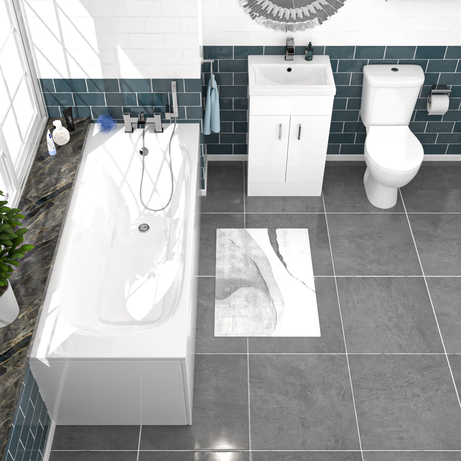 Nanuya 500mm Floorstanding Basin Vanity, Close Coupled Toilet & Round Bath