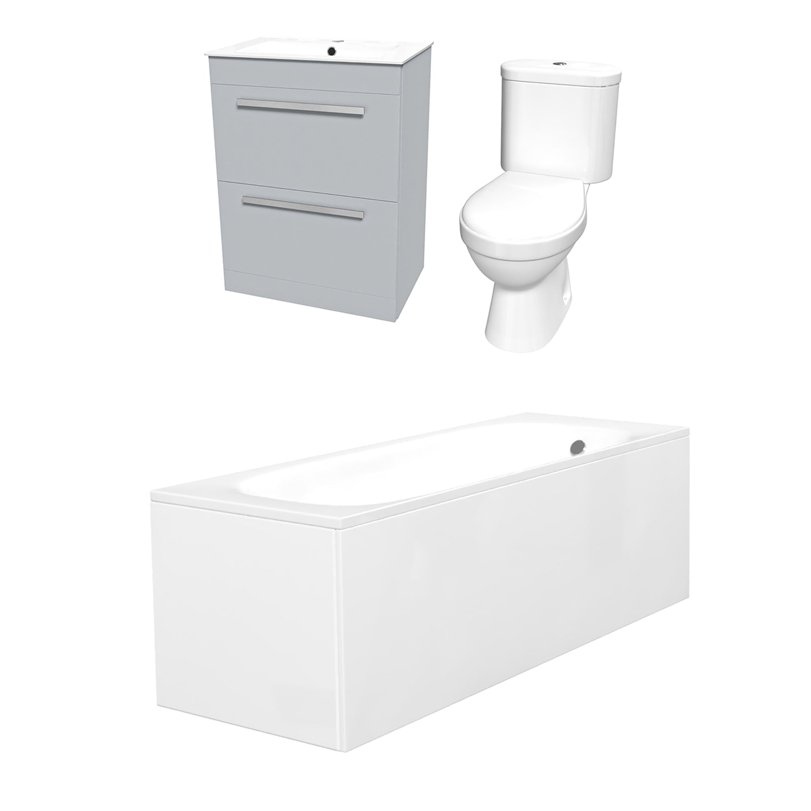 Nanuya 1700mm Bath, Toilet & Matte Grey 2 Drawer Vanity Slim Basin Cabinet